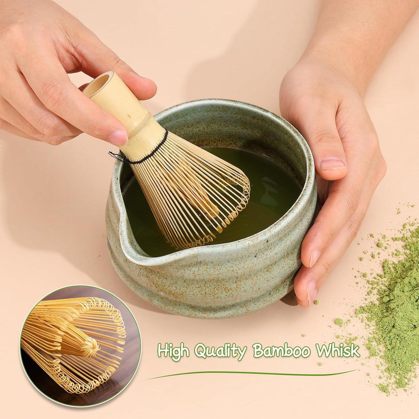 Matcha Whisk Set, 7 Pcs Matcha Kit Includes 18 oz Ceramic Matcha Bowl with Spout, Bamboo Whisk and Holder,Scoop with Stand, Sifter & Tea Towel, Complete Matcha Making Kit
