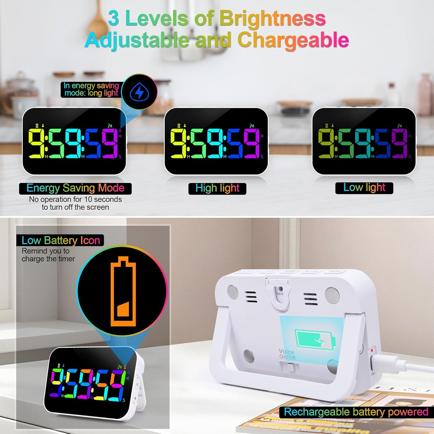 Kitchen Timer for Cooking, 10 RGB Color Rechargeable Digital Magnetic KidsTimer with Voice Reminder, Countdown/Up, 5”LED Display 3 Brightness 4 Volume Adjustable for Kids Classroom Home Gym-RGB