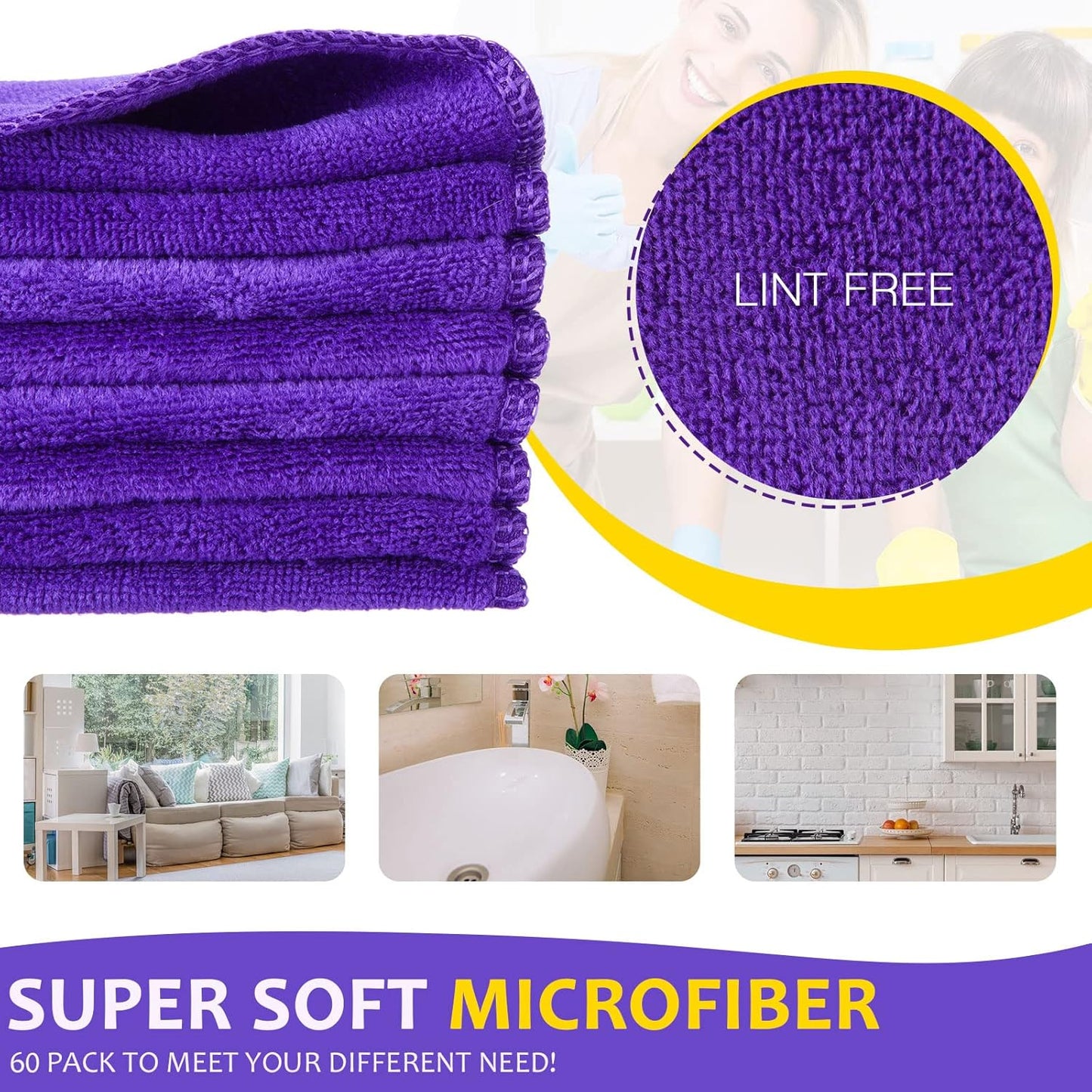 Nuenen Microfiber Cleaning Cloths for Cars 16 x 16 Inch Ultra Absorbent Car Towels Drying Reusable Cleaning Supplies House Kitchen Window Microfiber Towel(Purple,60 Pcs)