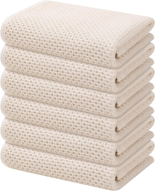 Kitinjoy 100% Cotton Waffle Weave Kitchen Towels, 6-Pack Super Soft and Absorbent Dish Towels for Drying Dishes, Kitchen Hand Towels, 13 in x 28 in, Beige