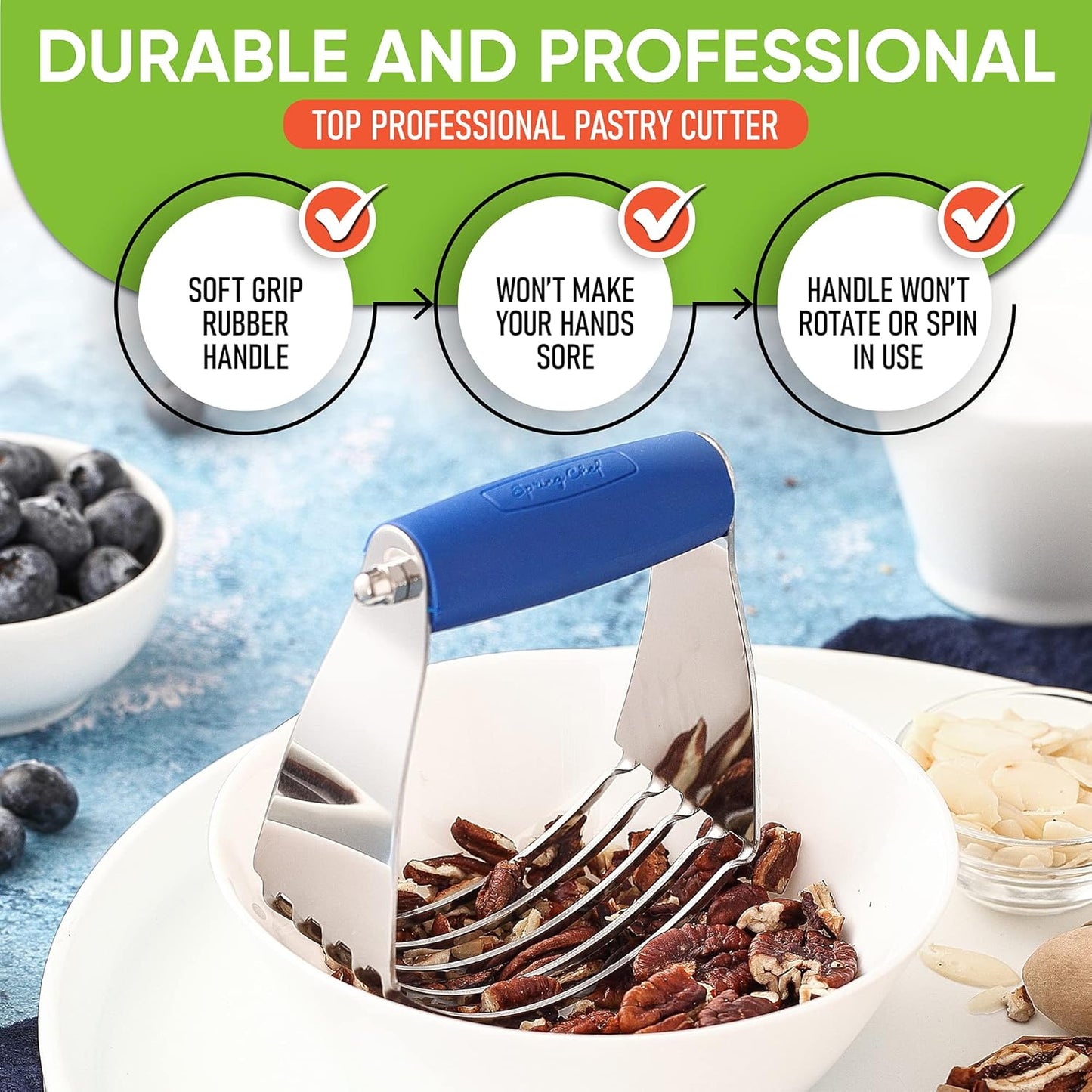 Spring Chef Medium Size Dough Blender For Baking, Dough Cutter Tool, Stainless Steel Puff Pastry Cutter Tool with Soft Grip Handle, Dishwasher Safe Pastry Blender for Easy Mixing - Sapphire