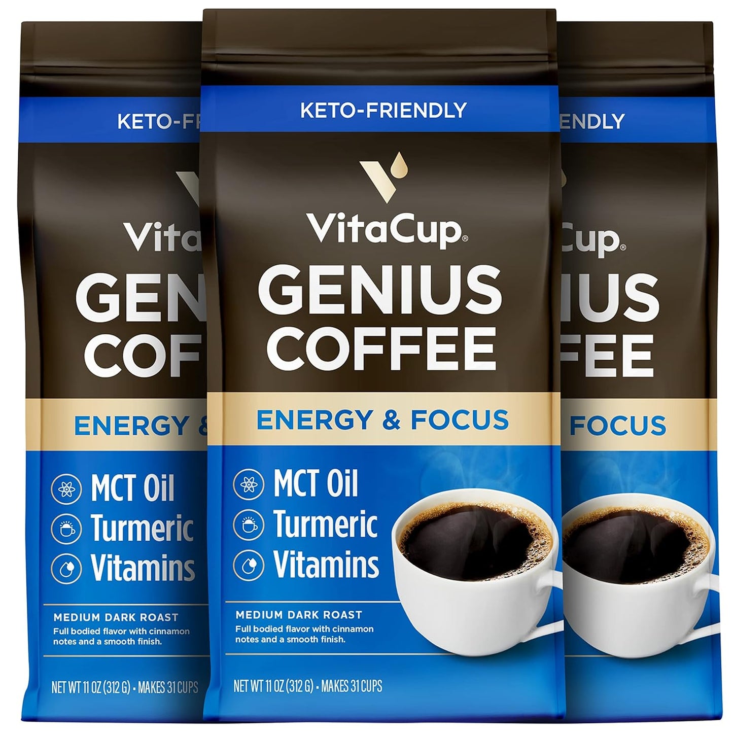 VitaCup Genius Ground Keto Coffee w/Turmeric, MCT Oil, B Vitamins, D3, Ground Coffee Medium Dark Roast, Bold & Smooth, 100% Arabica Coffee Grounds, 3 bags, 11oz each