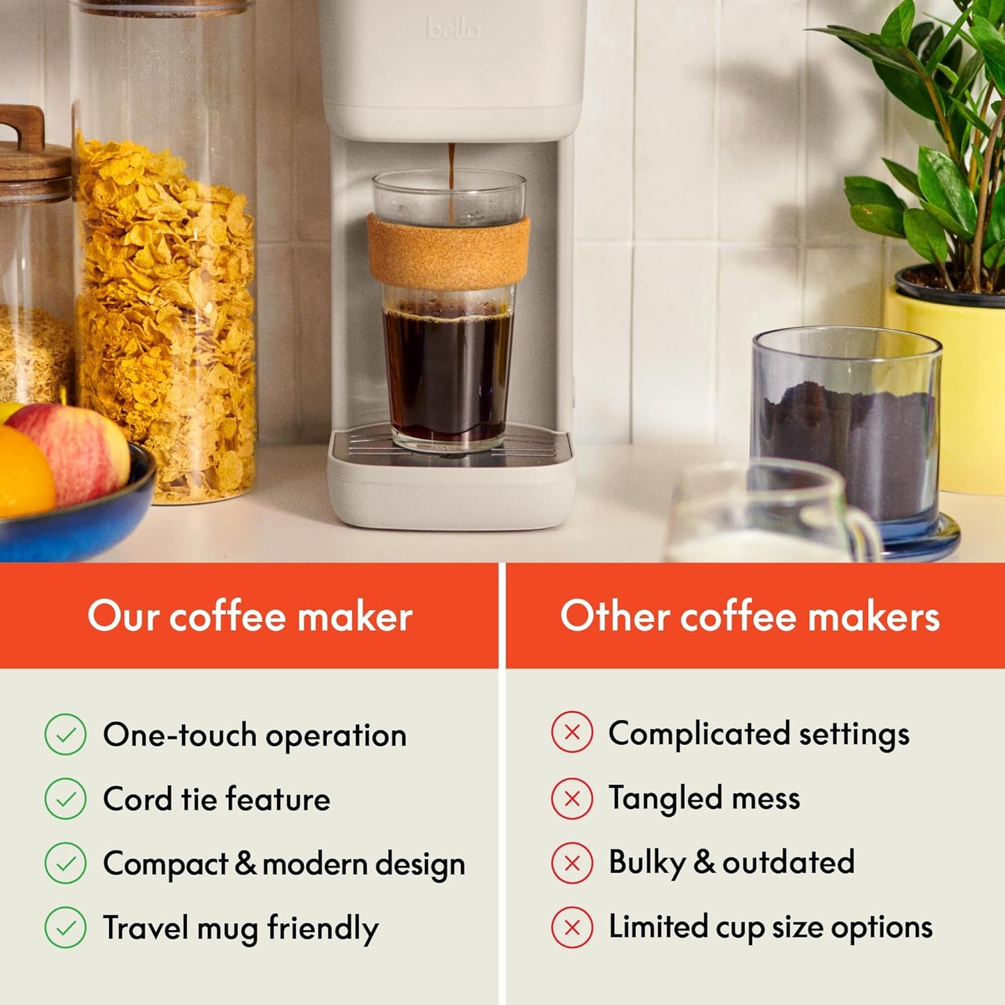 BELLA Single Serve Coffee Maker, K Cup & Coffee Ground Compatible with Removable, Adjustable Drip Tray, Auto Shutoff & Reusable Dishwasher Safe Accessories, Brews 6oz to 14oz, 1000 Watt, Oatmilk