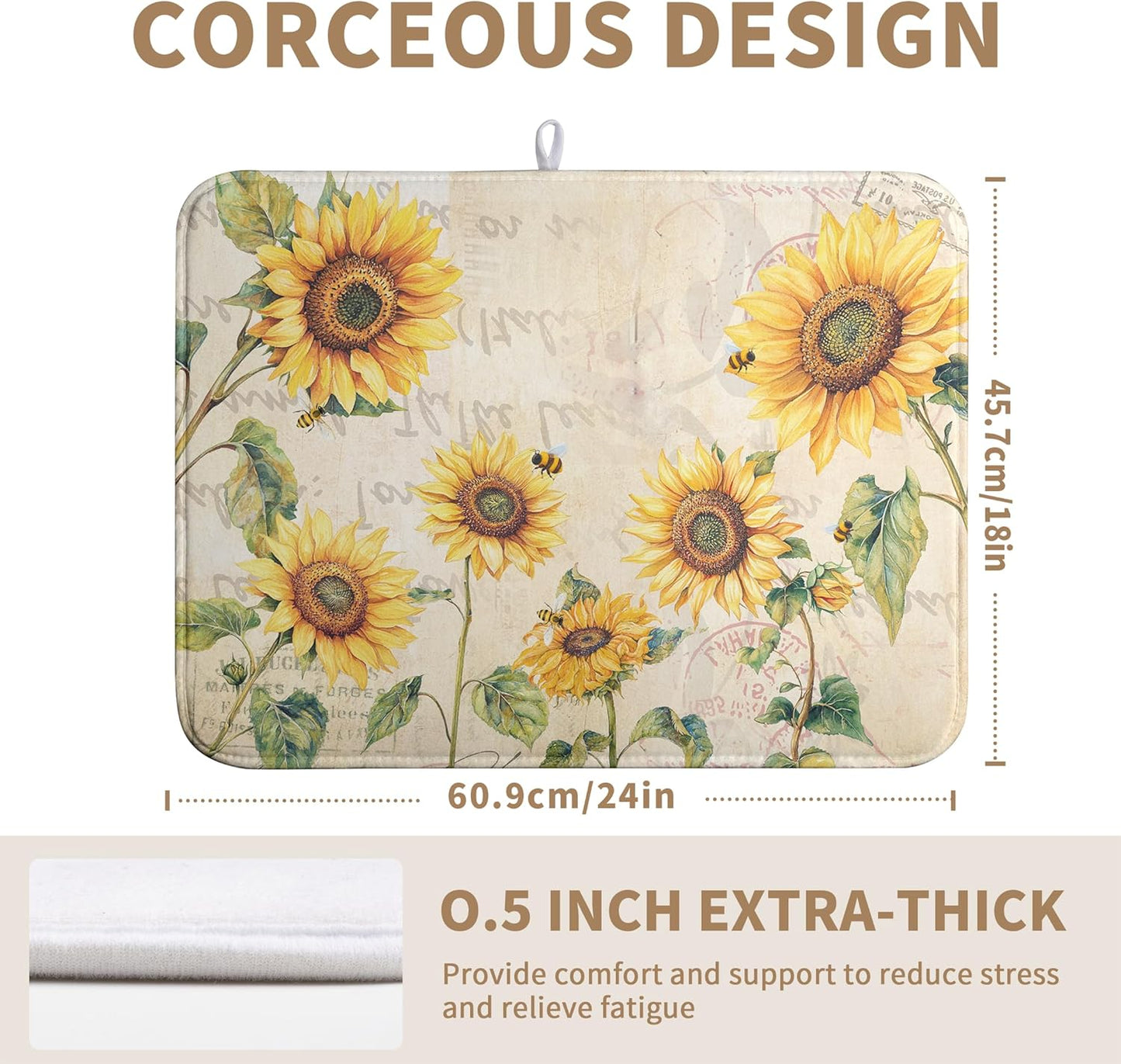 Spring Summer Dish Drying Mat Sunflower Kitchen Dish Drying Pad Absorbent Vintage Drying Mat for Countertops Dish Dryer Mat Microfiber Dishes Drainer Pad Dish Drying Rack Mat (18x24 in)