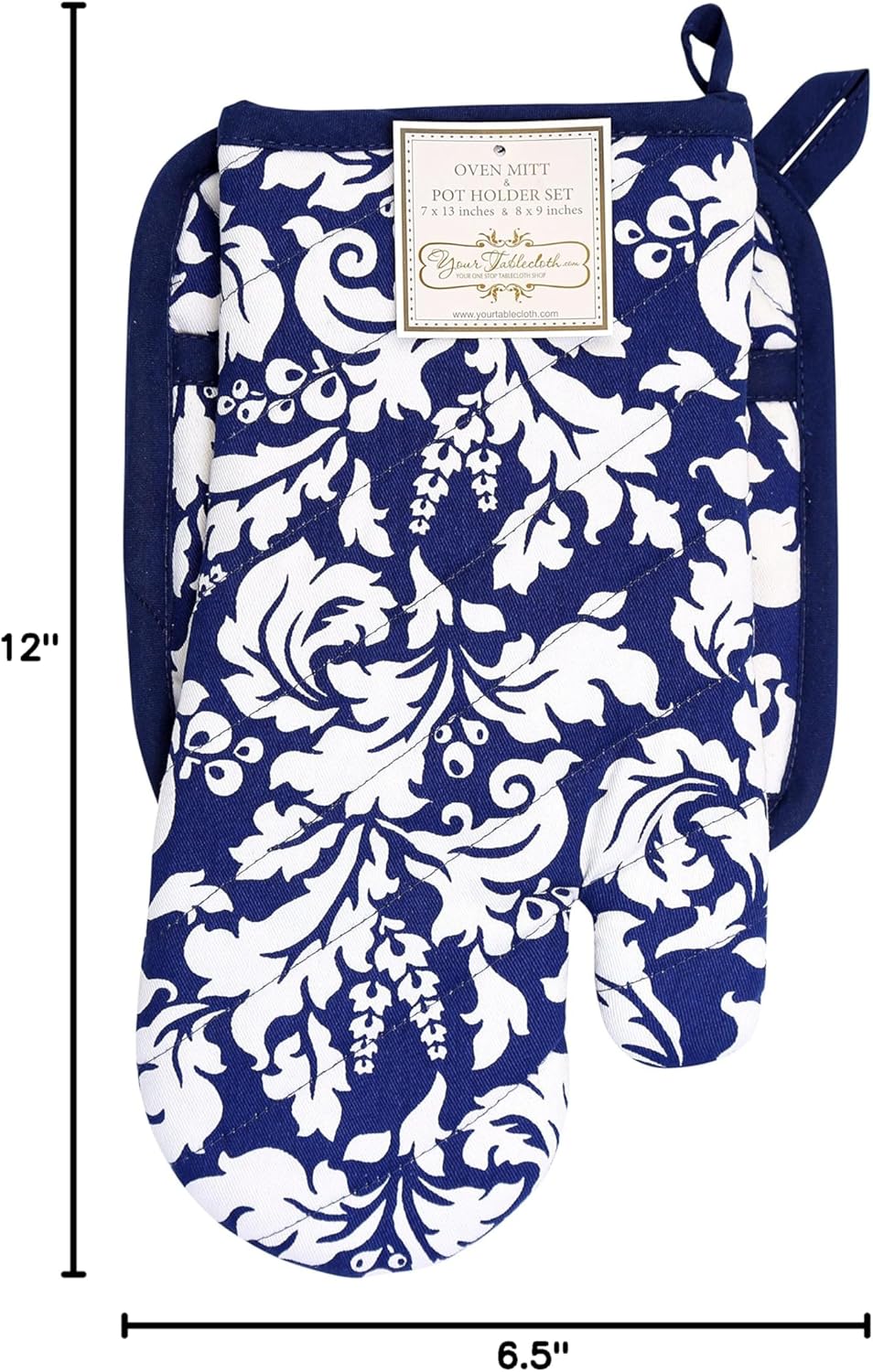 Yourtablecloth Set of Oven Mitt and Pot Holder or Oven Gloves-100% Cotton, High Heat Resistance, Superior Protection & Comfort–Elegant Design-Machine Washable-Nautical Blue