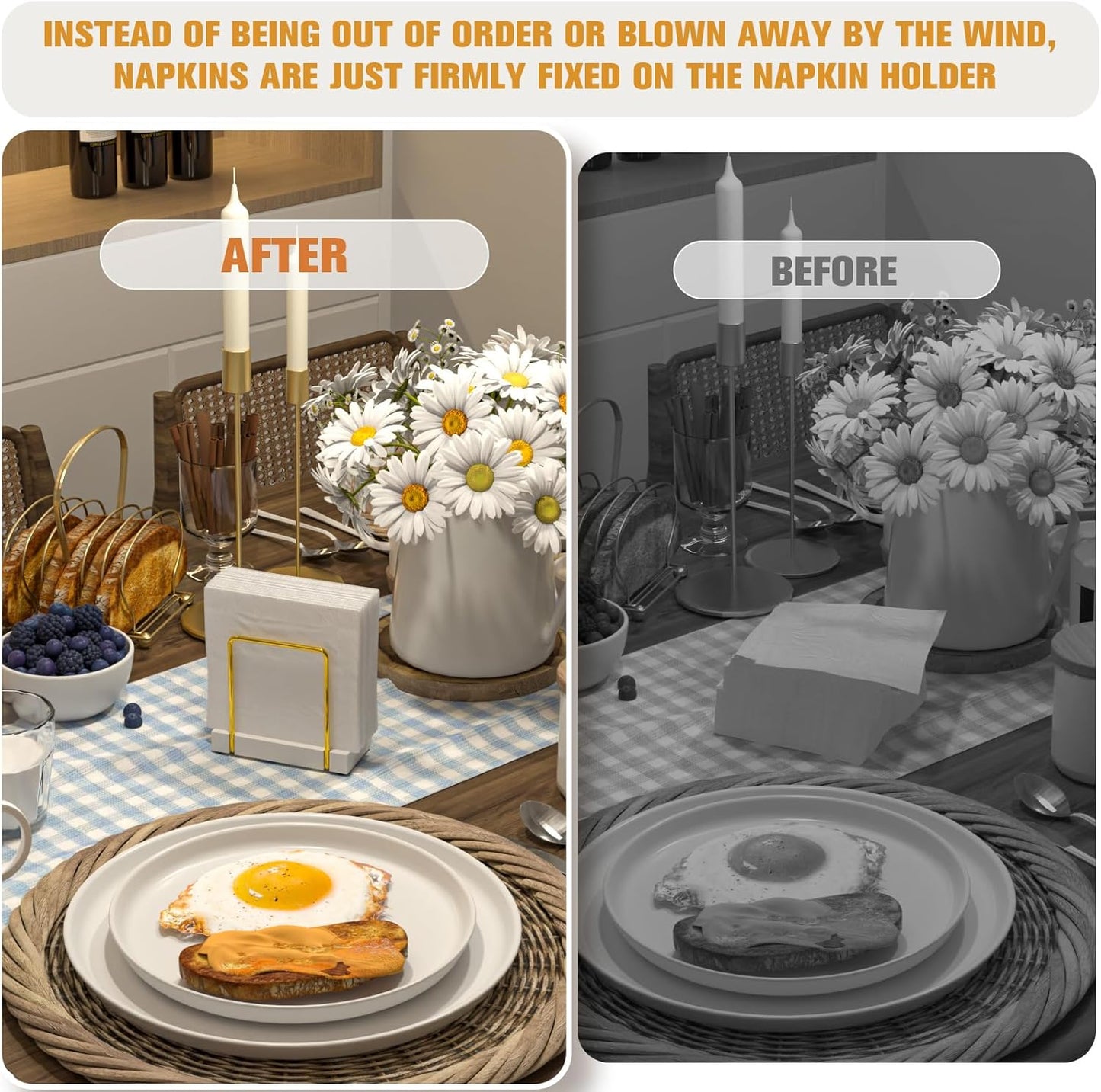 Napkin Holder for Table, Bamboo Iron Standing Napkin Dispenser for Dining Table Farmhouse Cocktail Picnic Rustic Wood Holders All Kitchen Dining Room Decor Gold & White