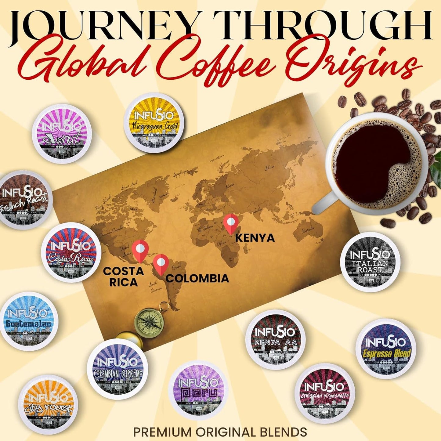 InfuSio Coffee Pods 96 Count City Roast Medium Roast Single Serve Coffee pods for Keurig K Cups Brewers - InfuSio Premium Roasted Keurig 2.0 Compatible