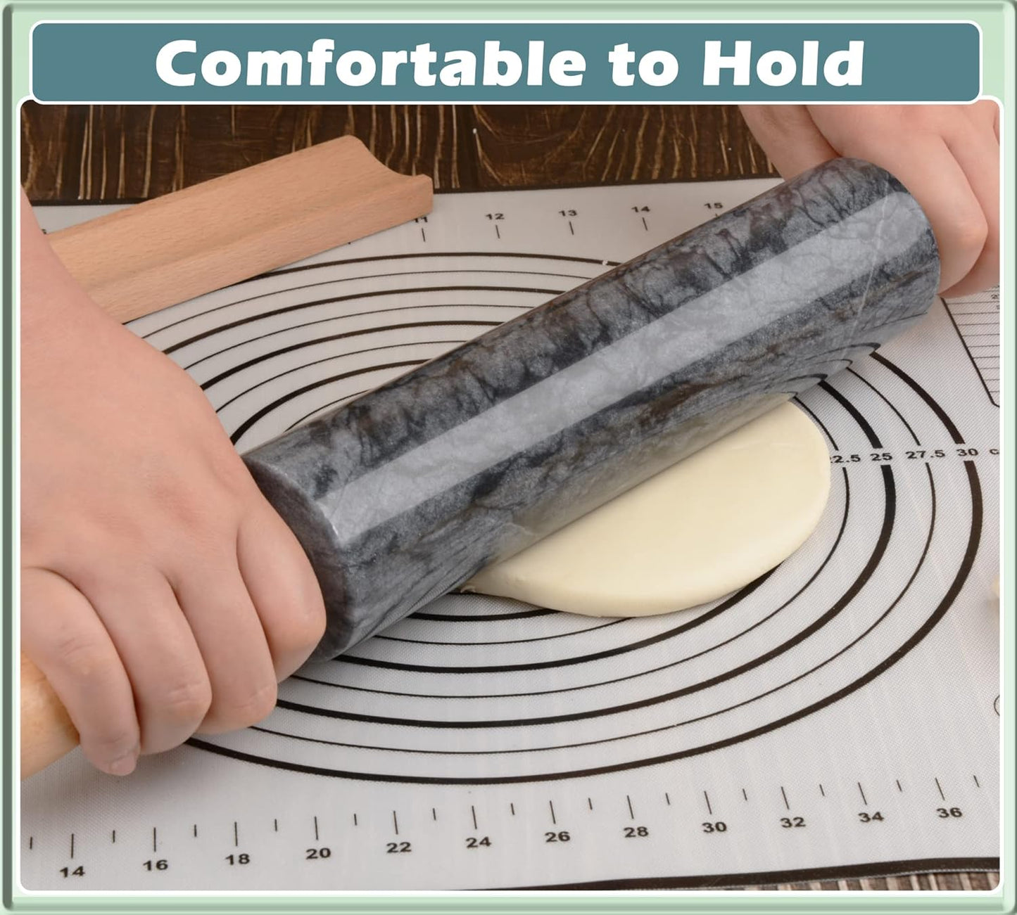 Marble Rolling Pin with Wooden Cradle Thick Handle Set for Baking,18.5 inch Premium Quality Polished Roller for Pizza Dough,Fondant,Pie Crust,Non-Stick Surface Easy to Clean(Black)