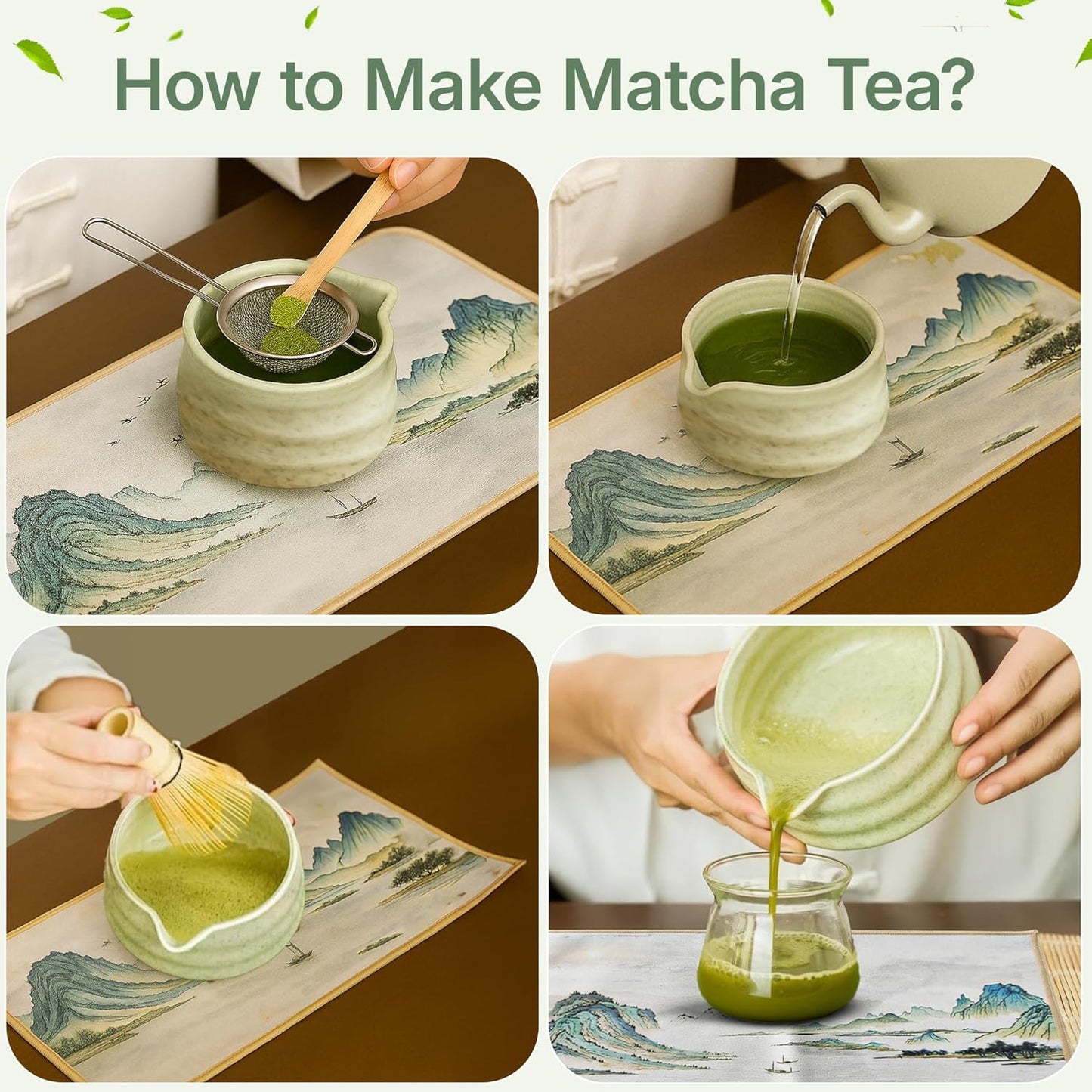NEKOLA Matcha Whisk Set (7Pcs) Matcha Bowl, Bamboo Whisk, Whisk Holder, Spoon & Scoop, Sifter & Tea Towel Tea Making Ceremony Kit for Matcha Lovers Unique Gifts for Women,Men & Girlfriend