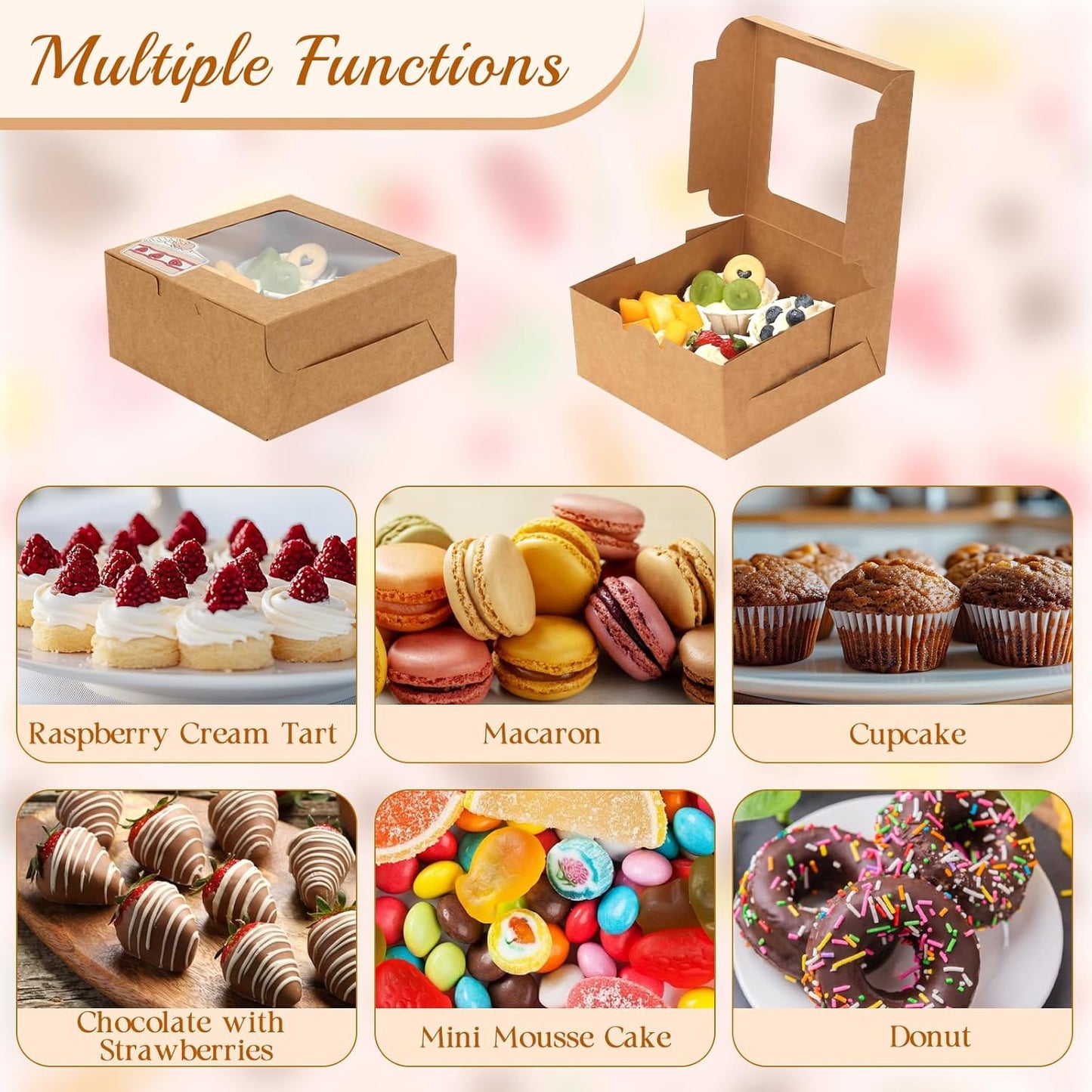 OAMCEG 50 Pack Cookie Boxes with Window, 6x6x3 Inches Brown Bakery Treat Boxes with Stickers & Twine for Pastry, Desserts, Strawberries, Cupcakes, Gift Giving