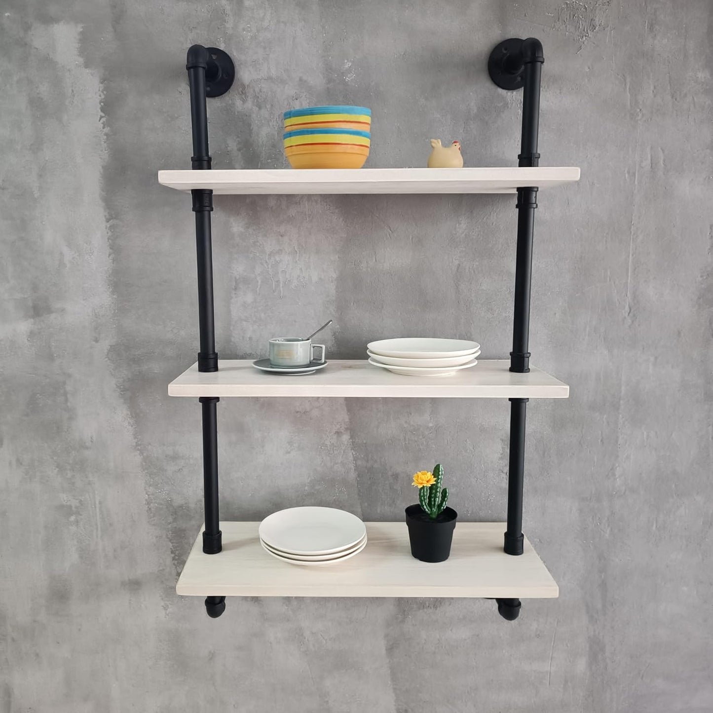 White Floating Shelves 24 inch Pipe Wall Shelves Bathroom Shelves Over Toilet with Wood Planks Industrial Pipe Floating Shelves Farmhouse Bathroom Pipe Shelves Wall Mounted