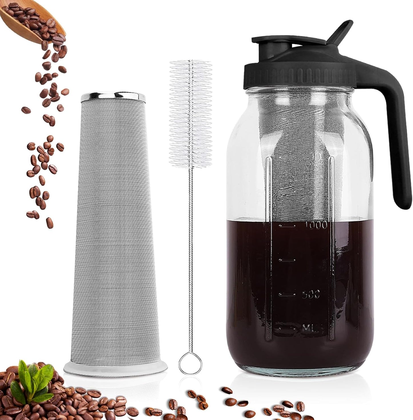 Cold Brew Coffee Maker,64 oz Mason Jar Pitcher with Stainless Steel Filter, Pour Spout Handle Lid, Heavy Duty Glass Airtight & Leak-Proof Pitcher for iced coffee Tea Lemonade