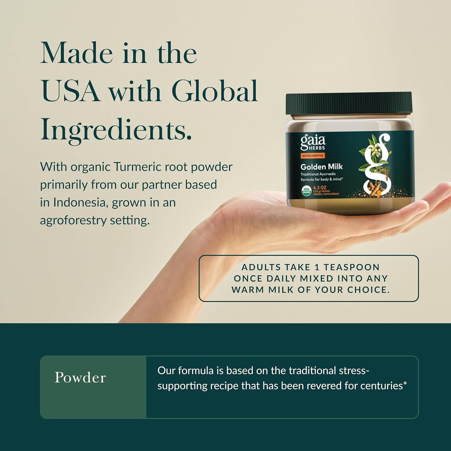 Gaia Herbs Golden Milk Supplement Powder - Made with Organic Turmeric Curcumin, Black Pepper, Ashwagandha, Dates, Cardamom, and Vanilla for an Ayurvedic Cup of Natural Calm - 4.3 Oz (35-Day Supply)