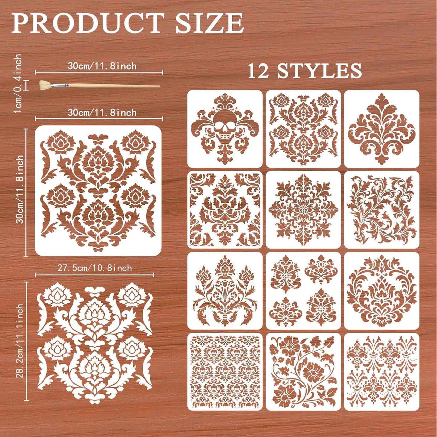 12PCS Large Mandala Stencils 12 x 12 Inch Damask Stencils for Walls Large Texture Drawing Templates with Brushes Mandala Templates for Painting on Wood Furniture Canvas Paper Fabric