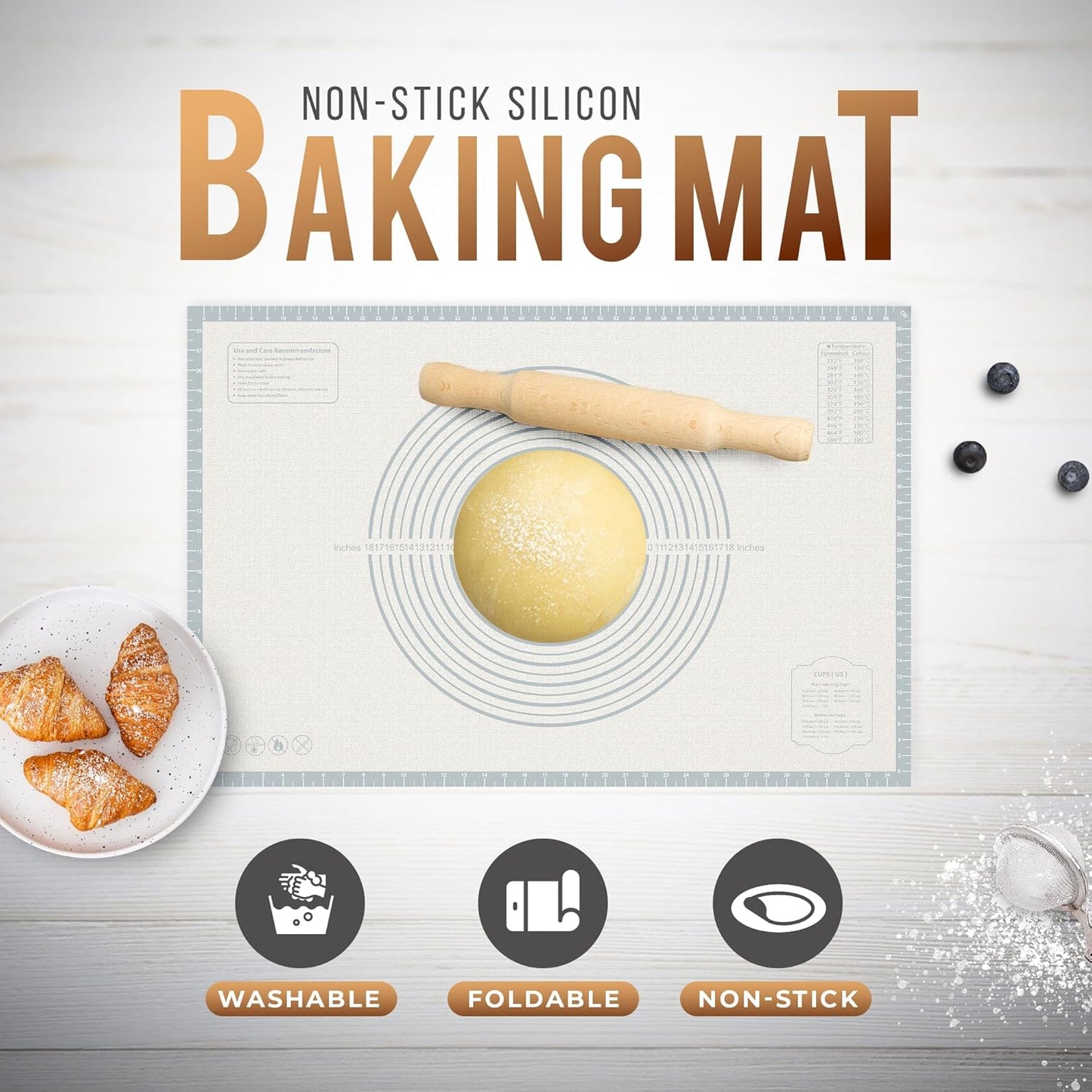 28 * 20 inches White grey, Non-Slip Silicone Baking Sheets - Baking Mat with 0.7mm Thickness - Non-Stick Pastry & Cookie Mat for Kitchen Counter for Rolling Out Dough with Measurements.