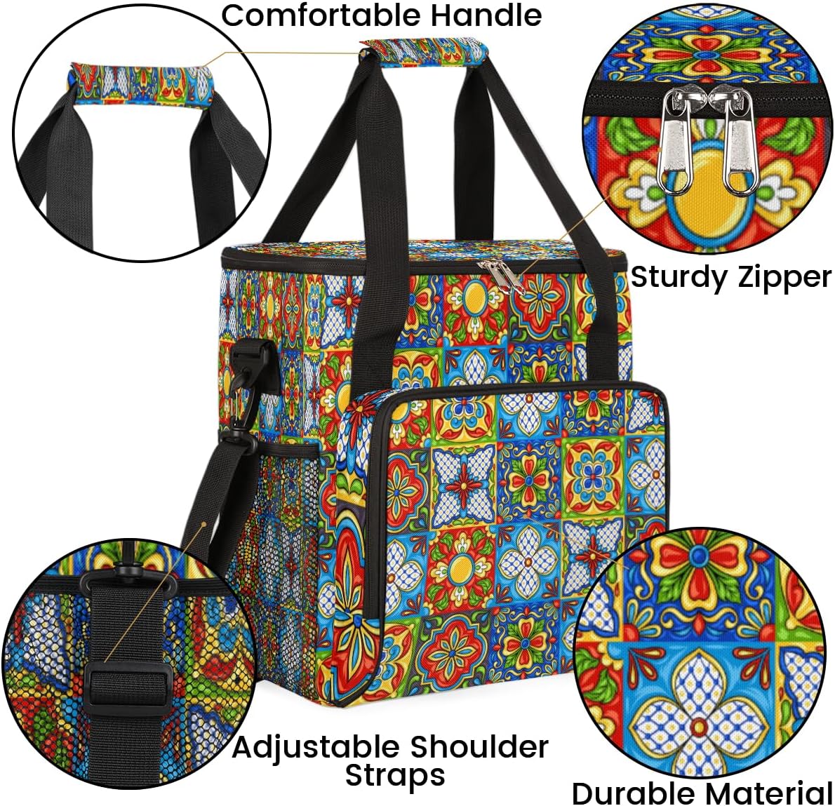 Ethnic Mexican Colorful Flowers Plaid Coffee Maker Carrying Bag, Coffee Machine Travel Storage Tote Bag Compatible with K-Mini or K-Mini Plus, Portable Single Serve Coffee Brewer Case with Pockets