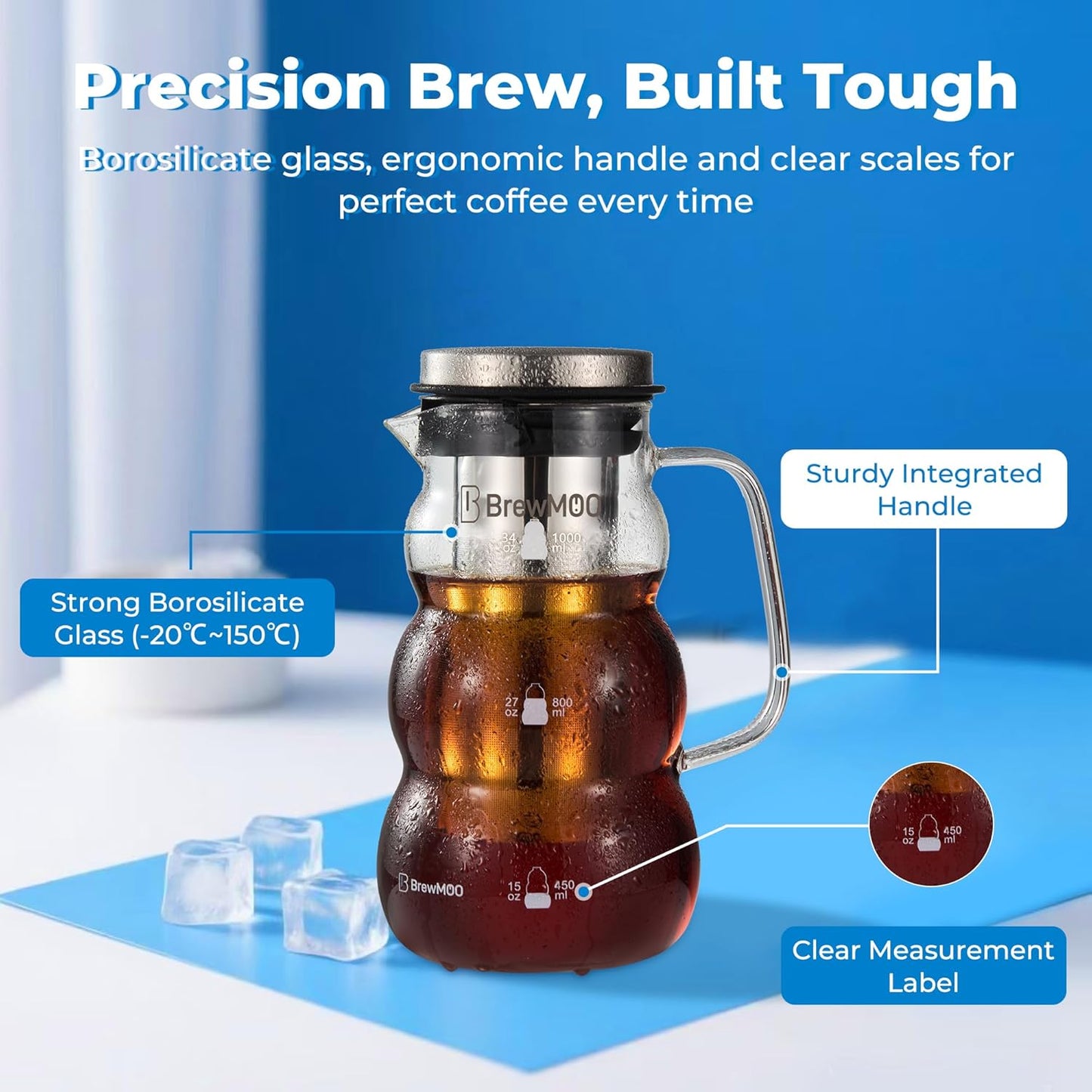 Cold Brew Coffee Pitcher (1.0L/34oz) - Elegant Sleek Wave Borosilicate Glass Pitcher with 100um 304 Stainless Steel Filter & Airtight Lid, Efforless Mannual for Beginner, Sophisticated Gift