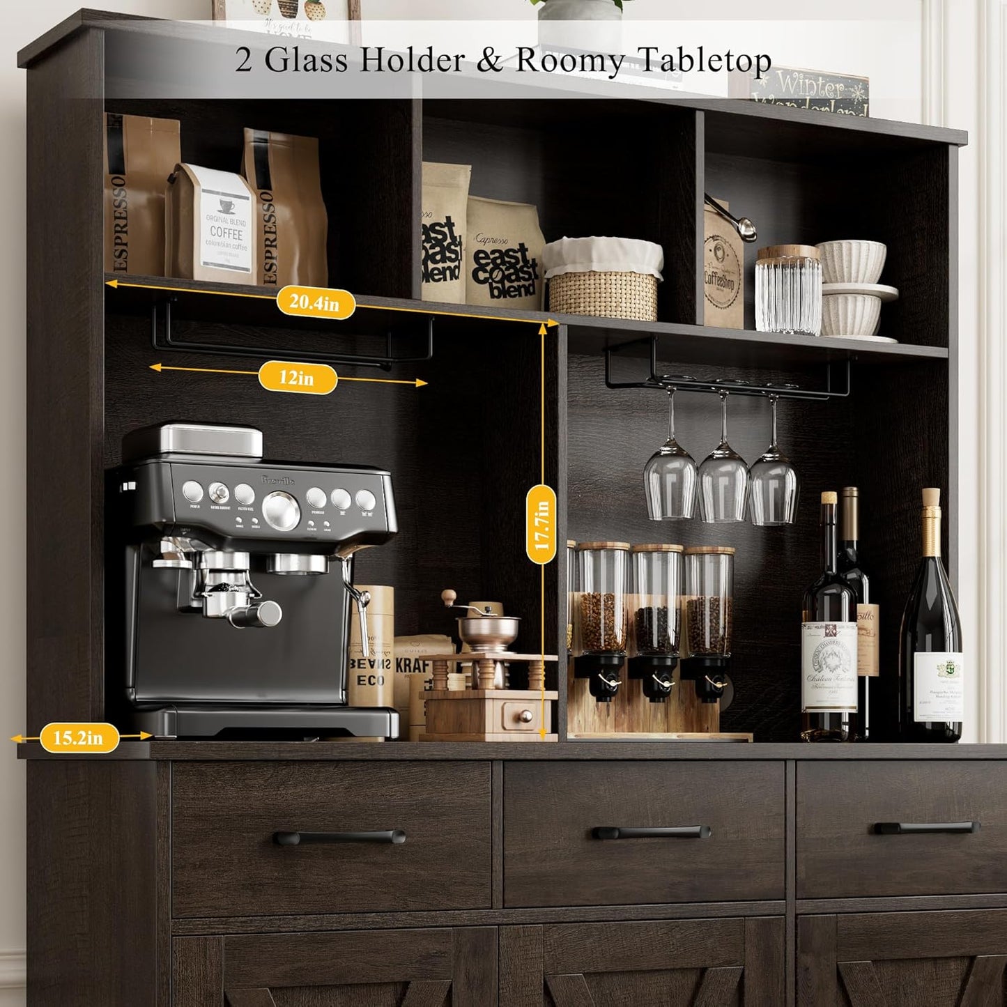 HOSTACK Buffet Cabinet with Hutch, Modern Farmhouse Kitchen Buffet Sideboard Storage Cabinet with 3 Drawers, Barn Door Coffee Bar Station for Dining Room, Living Room, Dark Brown