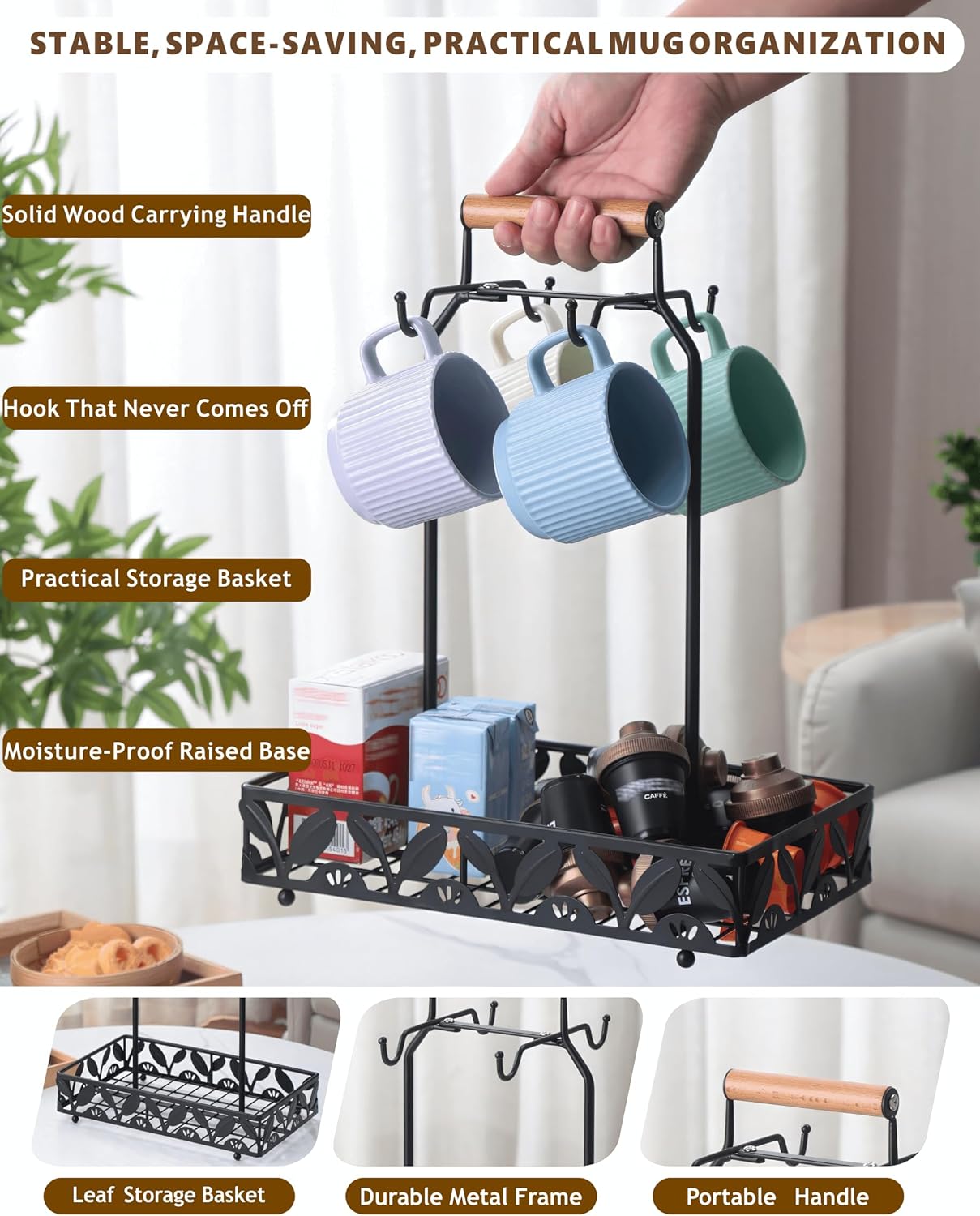 Coffee Mug Holder for Countertop, Mug Tree & Mug Rack with Storage Basket, 2-in-1 Organizer Holds 4 Large Mugs, Kitchen Cup Holder for Coffee Bar Accessories, Pods & Tea Bags, Black Metal with Handle