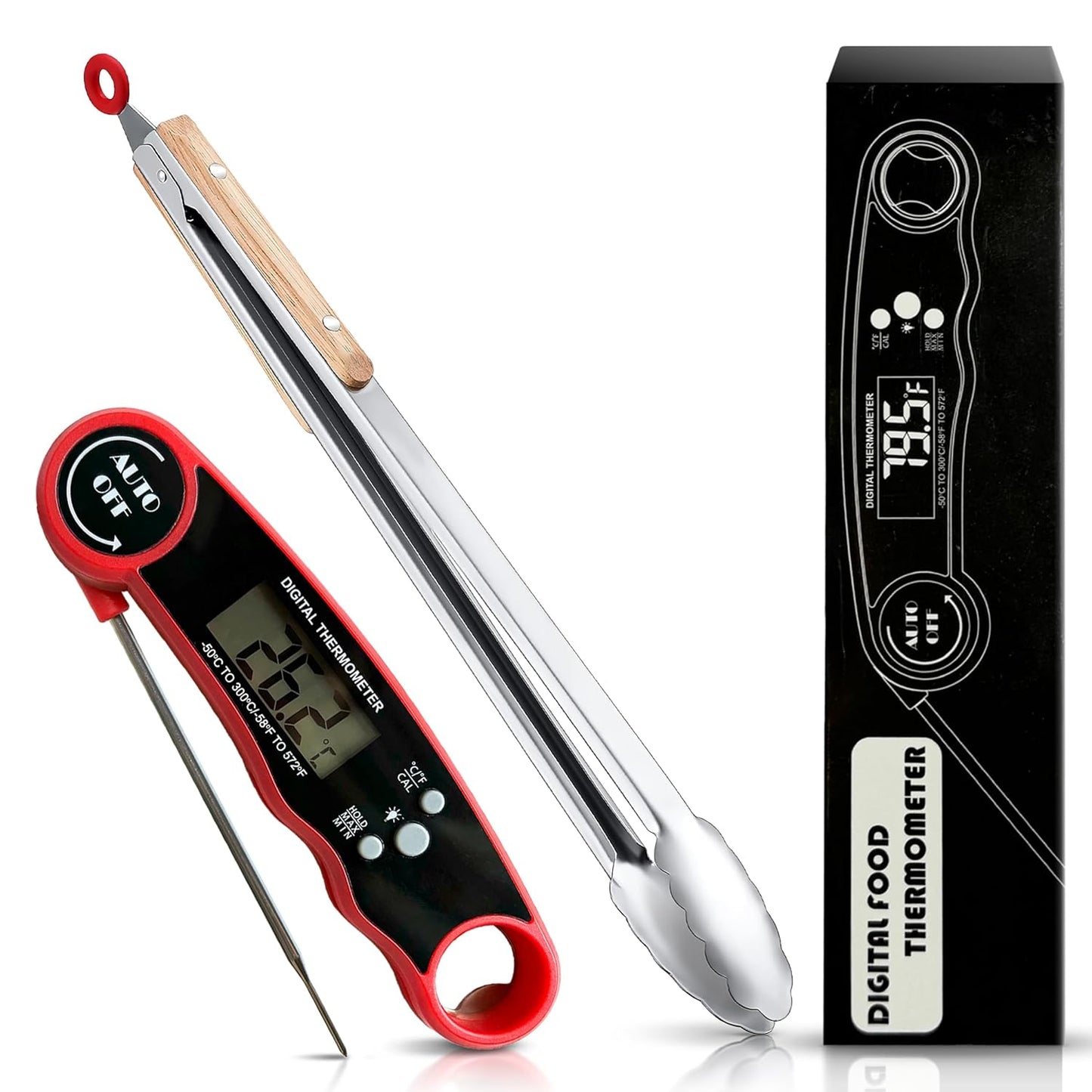 Meat Thermometer Digital Wireless with Cooking Tongs for Cooking & Grilling - Ultra-Fast Waterproof Food Thermometer with Backlight & Calibration for BBQ, Candy, Oven, Kitchen Essentials (Black/Red)