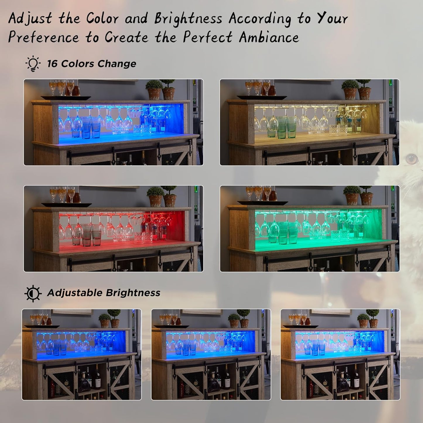 OKD Farmhouse Coffee Bar Cabinet with LED Lights, 55" Wine Bar w/Sliding Barn Door & Wine and Glass Rack, Kitchen Buffet Cabinet w/Storage Shelves for Dining Room,Light Rustic Oak