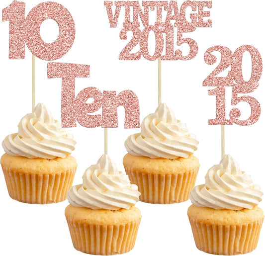 Gyufise 24Pcs 10th Birthday Cupcake Toppers Glitter Ten Vintage 2015 Hello 10 Years Birthday 10 Cupcake Picks Double Digits Cake Decoration for Happy 10th Anniversary Party Supplies Rose Gold