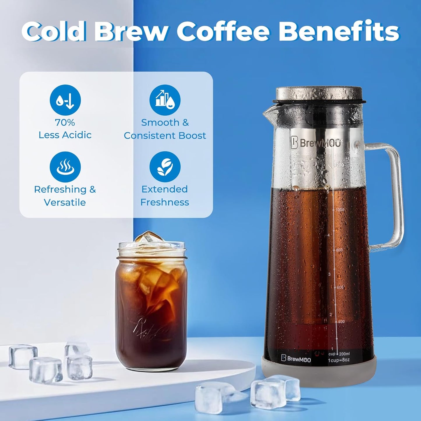 BrewMOO- Airtight Cold Brew Coffee Maker Pitcher, 1.4L/48Oz Thick Glass Carafe with Filter, Comfort Sturdy Handle & Wide Spout, Non-Slip Base | Iced Tea Maker (Grey)