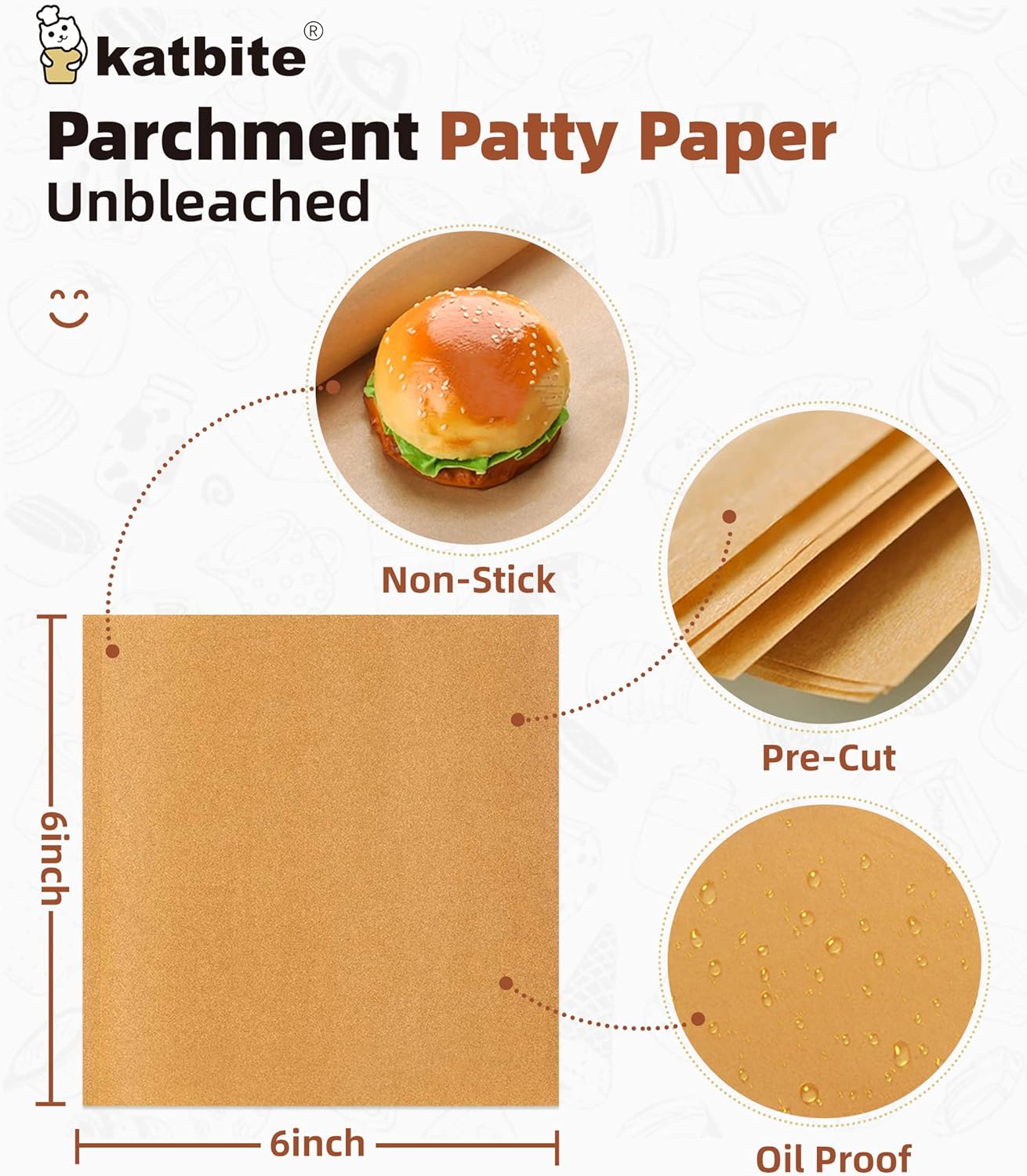 Katbite 300Pcs 6x6 Inches Patty Paper, Burger Patty Paper, Unbleached Parchment Sheets, Heavy Duty & Non-Stick, Squares for Seperating Patty, Cookies, Storing Foods Wrapping Candies