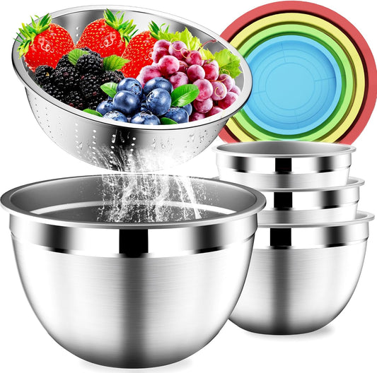 Mixing Bowls with Strainer, Mixing Bowl with Lids Set, Stainless Steel Mixing Bowls, Kitchen Gadgets 2025 Salad Bowls with Strainer for Mixing & Preping & Baking, Multicolor