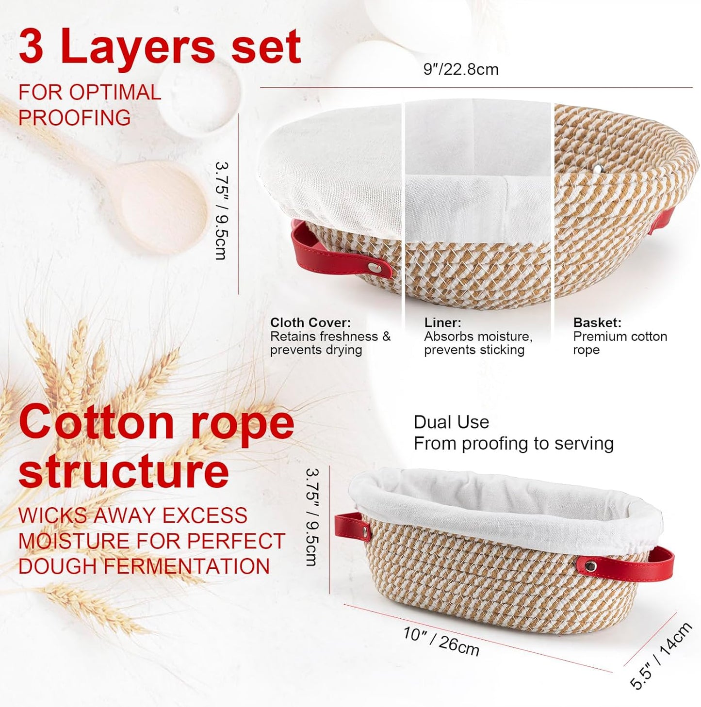 Banneton Bread Proofing Basket & Silicone Baking Mat Set, Oval & Round Sourdough Bread Baking Supplies Proofing Bowls with Liner & Cover Cotton Rope Sourdough Banneton Basket for Bread Making (Khaki)