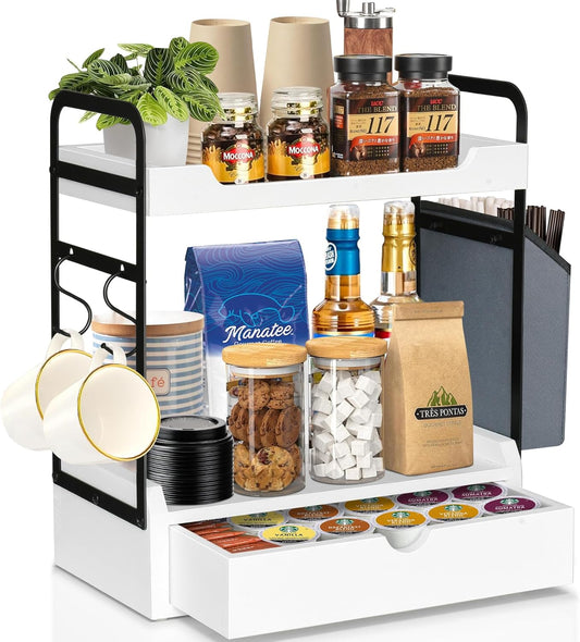 Coffee Station Organizer for Counter, Condiment Storage Caddy for Kitchen with Hooks and Bag,2 Tier Wooden Shelf for Coffee Bar Accessories,Coffee Bar Organizer for Kitchen, Home, Office-Brown