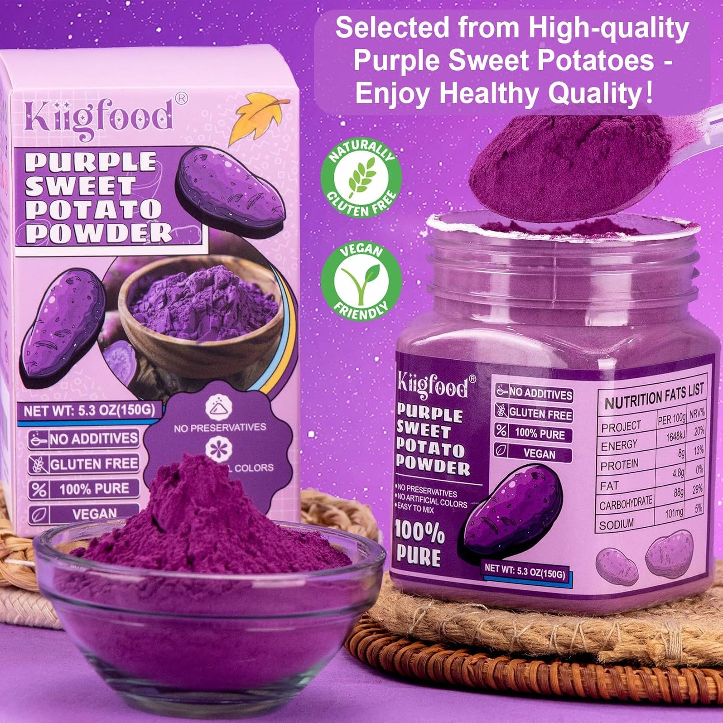 Purple Sweet Potato Powder - Kiigfood 5.3 oz/150g Pure Natural Premium Purple Food Coloring Powder for Smoothies, Baking, Juices, Pasta - Gluten-Free, No Additives, Vegan, Non-GMO
