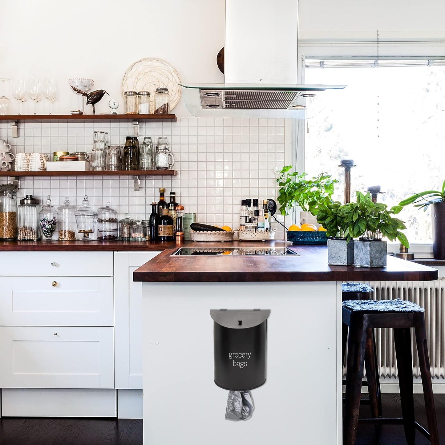 AuldHome Design Enamelware Grocery Bag Holder (Black); Wall-Mounted Modern Farmhouse Style Plastic Bag Dispenser for Kitchen or Laundry Room