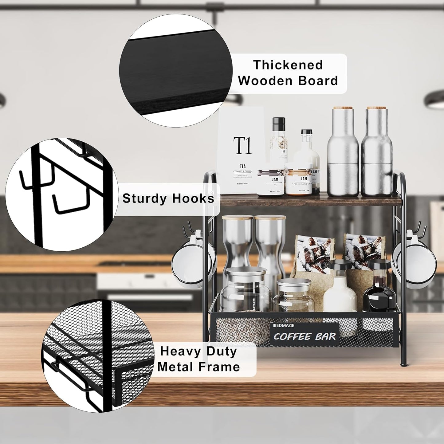 Coffee Bar Organizer for Countertop Station, Simple Assembly 2 Tier Shelf for Home,Office, Coffee Cup Holder Storage Organization for Counter Accessory Storage Rack with 4 Hooks Space-Saving
