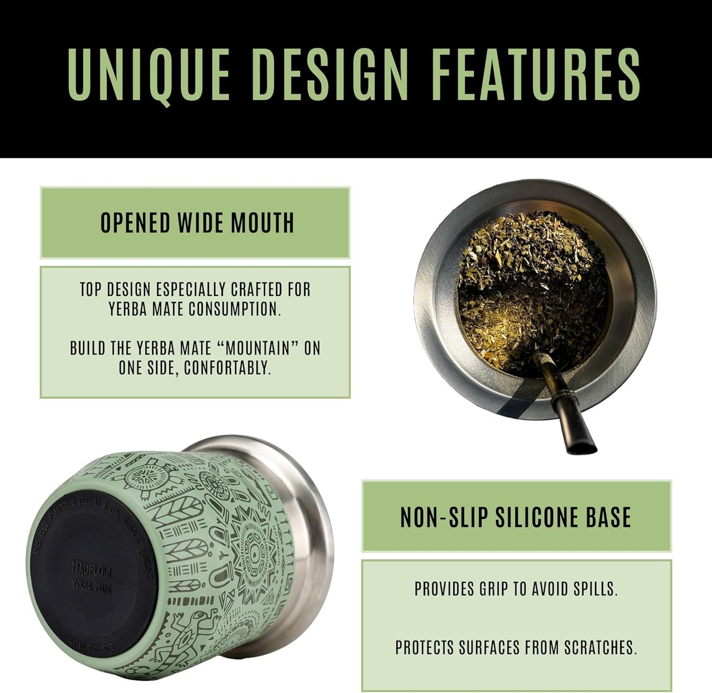 MADFLOW Yerba Mate Cup. Stainless Steel Mate Cup with 2 Bombillas. Double Wall Vacuum Insulated Yerba Mate Gourd. Unique Mate Cup And Bombilla Set