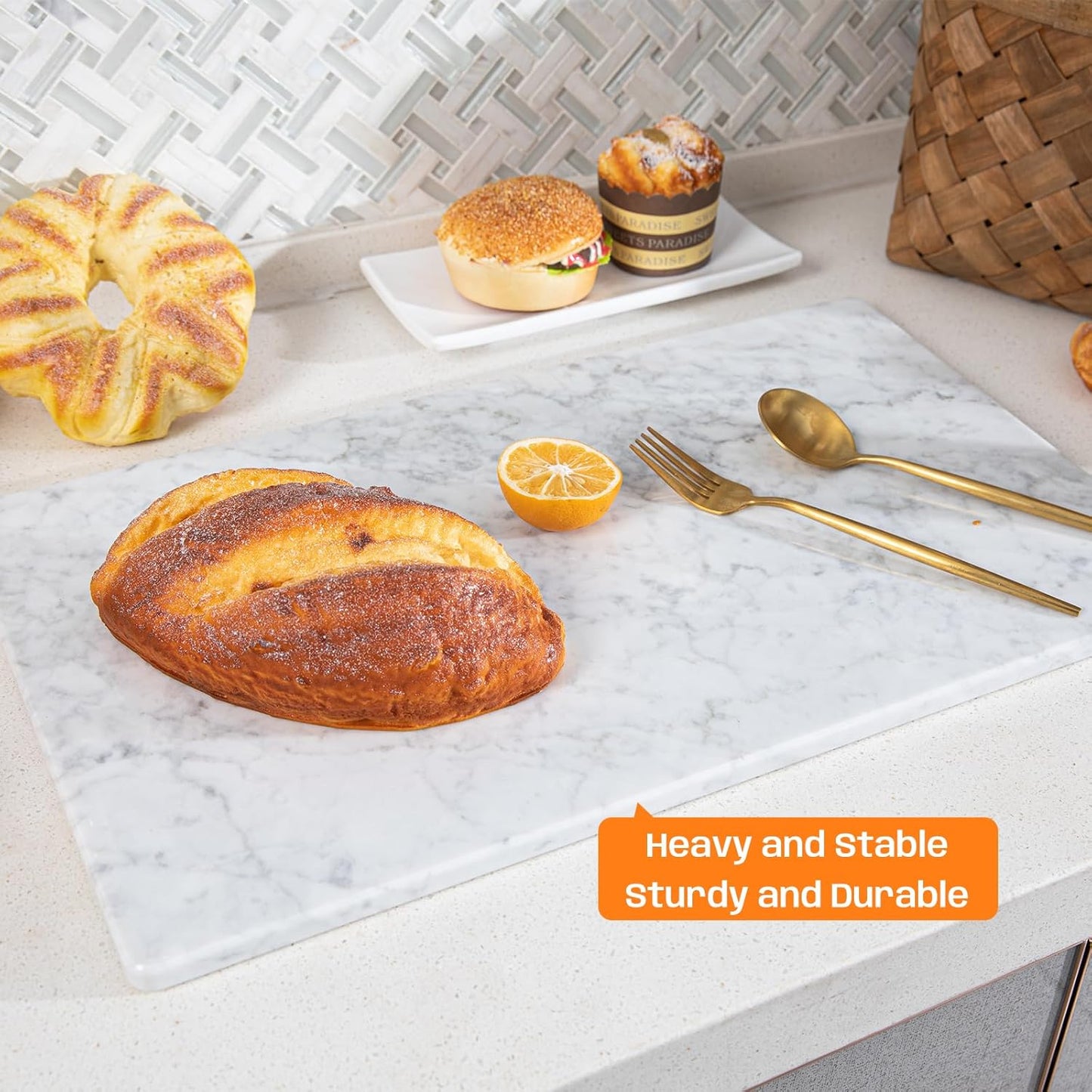 Natural Carrara White Marble Pastry and Cutting Board, 12x20x0.6 Inch, Heavy for Dough Chocolate, Pack of 1