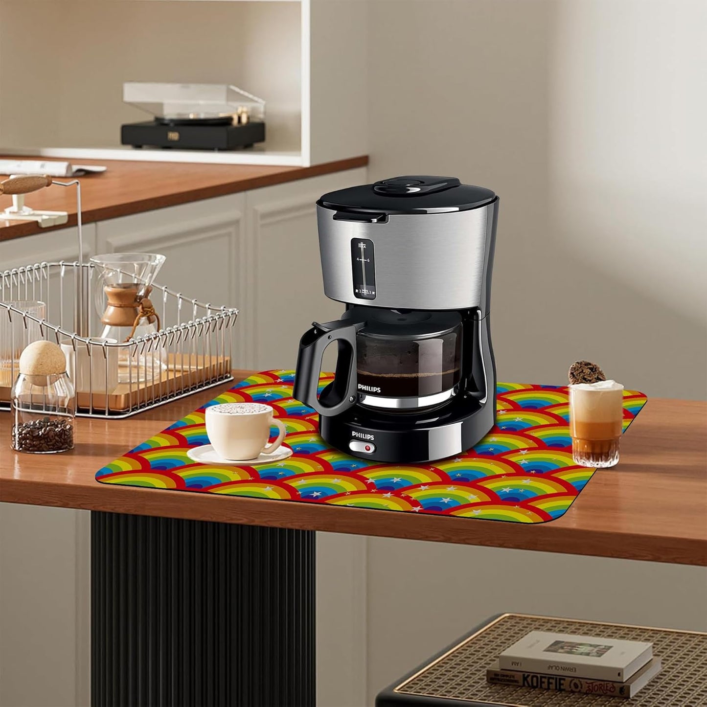 Kitchen Mat Rainbow Half Circle Star Dish Drying Mat 12"x19" Bsorbent Coffee Maker Mat for Sink Dishes or Under Rack Kitchen Counter Accessories Absorbent Hide Stain Rubber Backed Dish Drying Pad