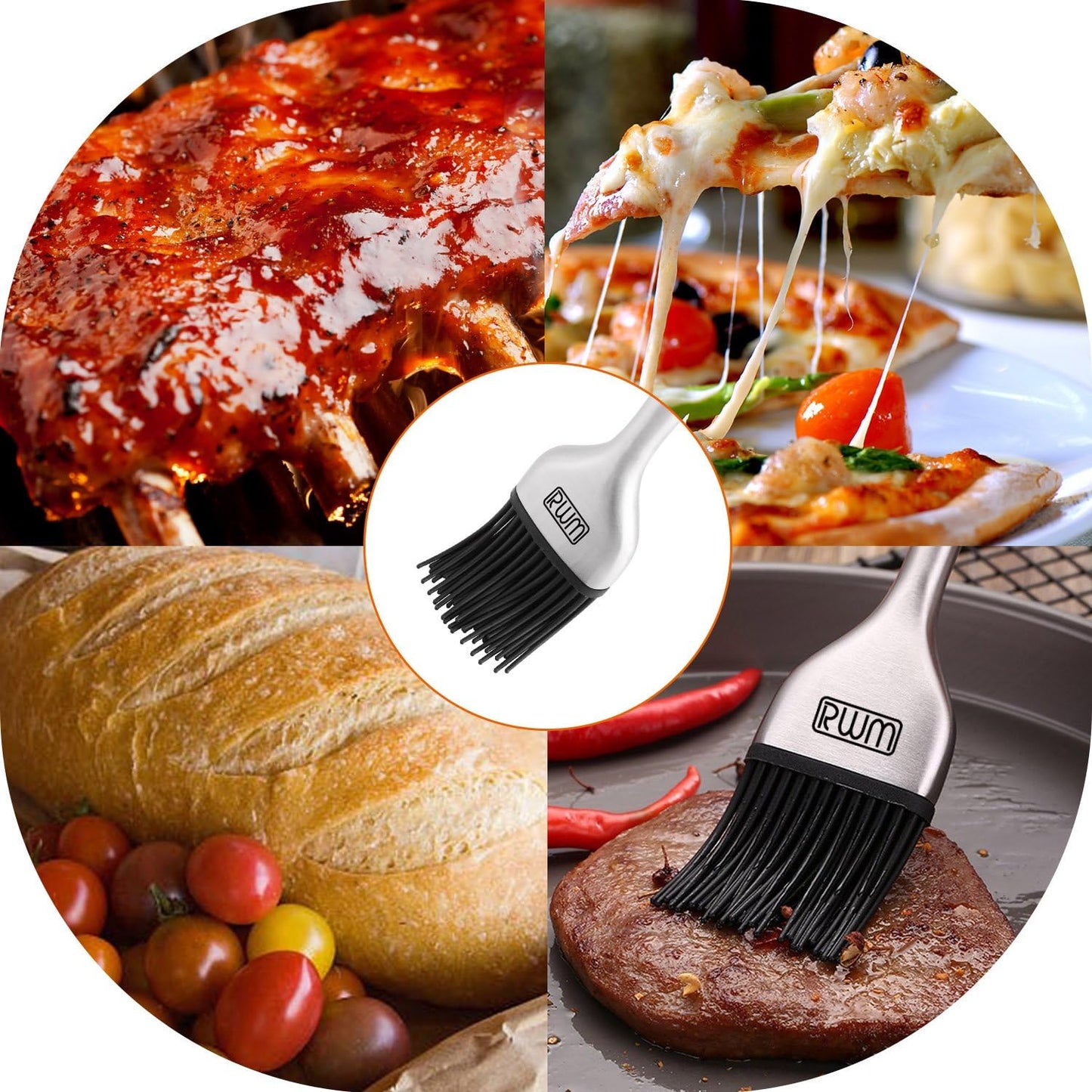 Basting Brush - Grilling BBQ Baking, Pastry and Oil Stainless Steel Brushes with Back up Silicone Brush Heads(Orange) for Kitchen Cooking & Marinating, Dishwasher