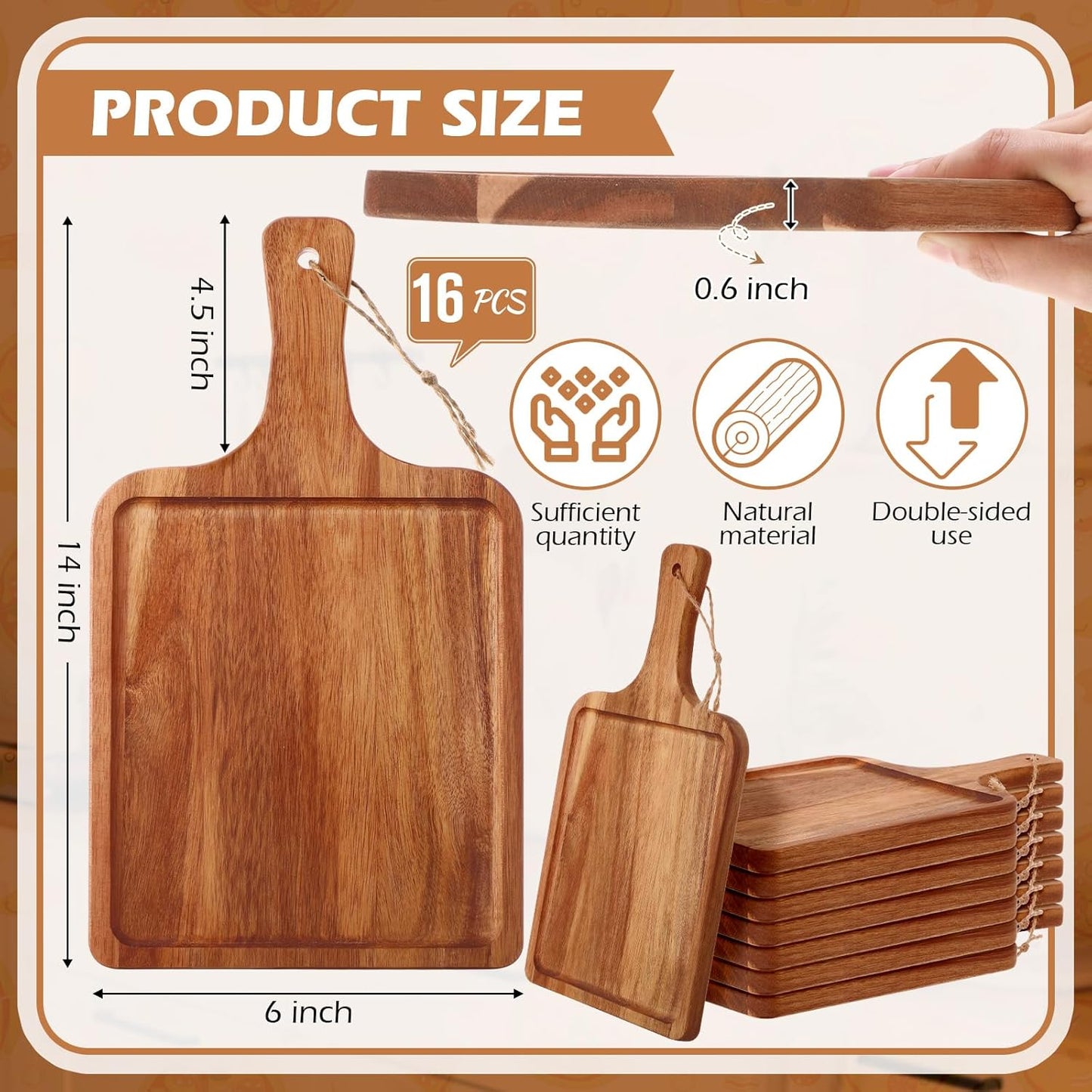 Tanlade 16 Pcs Acacia Wood Cutting Board with Handle Chopping Boards Decorative Charcuterie Platter Pizza Bread Cheese Fruit Serving Tray for Kitchen Counter Table Christmas Decorate(14 x 8 Inch)