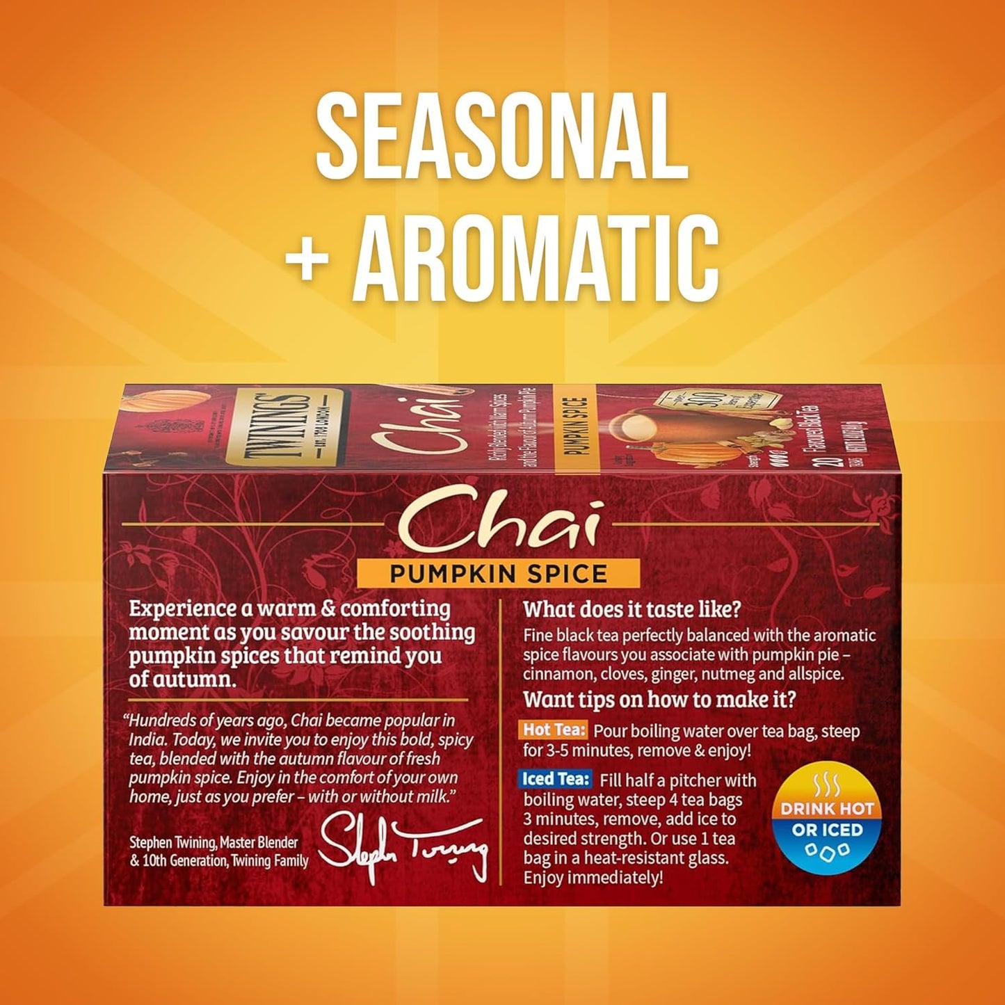Twinings Pumpkin Spice Chai Black Tea Individually Wrapped Bags, 20 Count (Pack of 1), Warm, Spicy & Aromatic, Caffeinated, Enjoy Hot or Iced, 20 Teabags