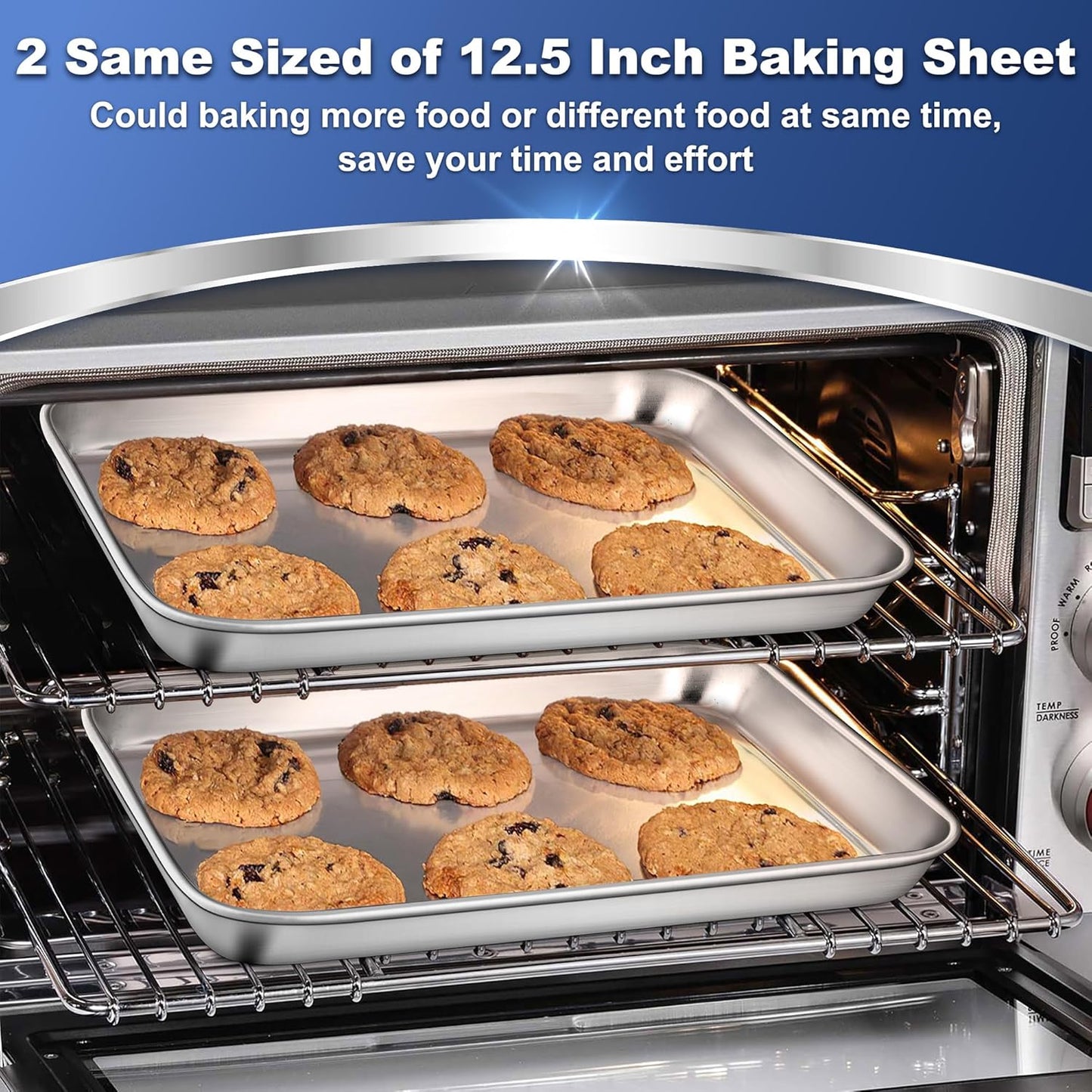 P&P CHEF 12.5 Inch Baking Cookie Sheet, Oven Pan Tray Stainless Steel Sheet Pan for Kitchen, Oven Bakeware for Multi Uses, Shiny Look & Dishwasher Safe, Healthy & Heavy Duty, 2Pcs