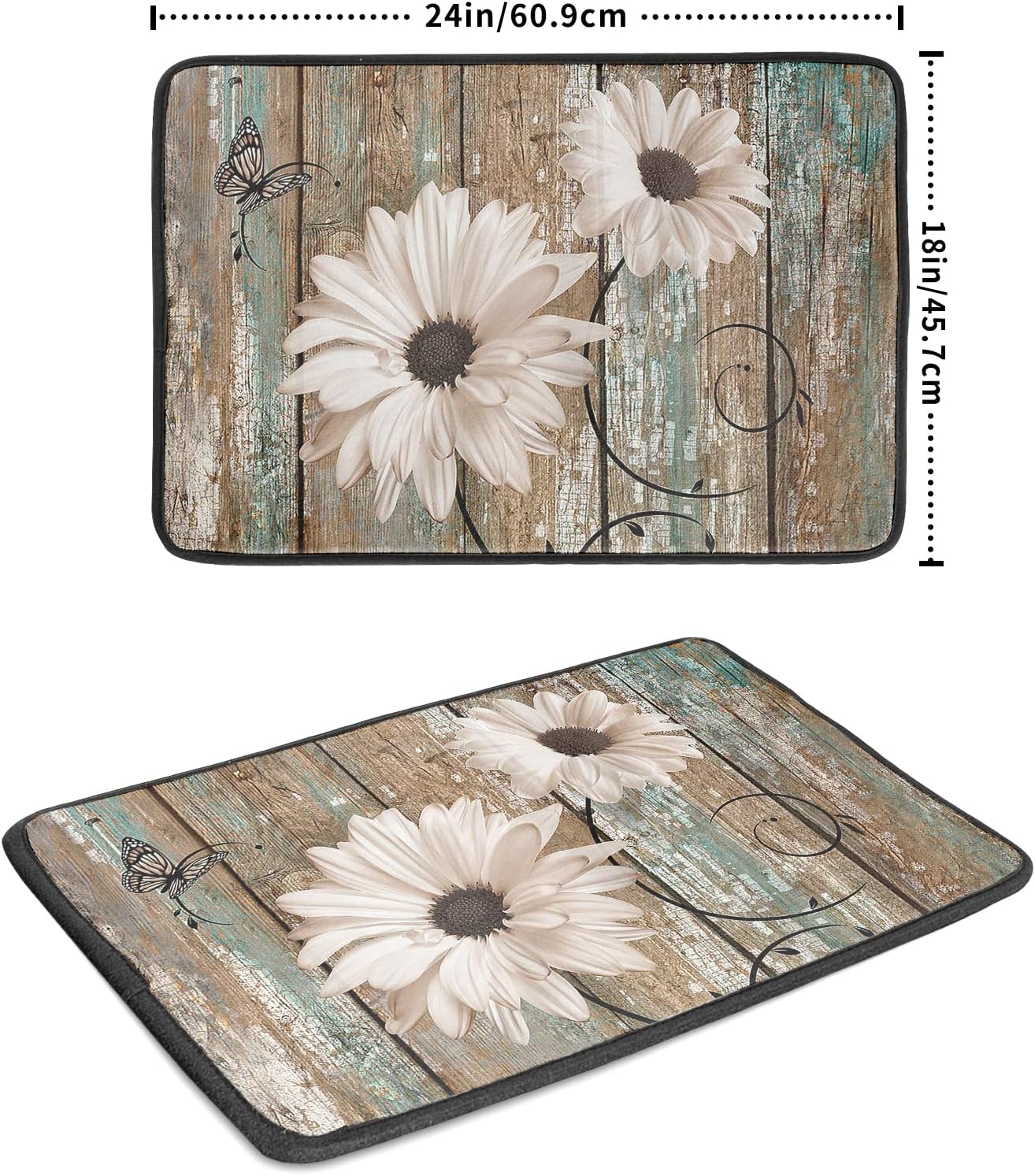 Rustic Daisy Board Dish Drying Mat for Kitchen Countertop 18x24 inch Fall Sunflower on Wooden Plank Dish Drainer Mats Fast Drying Country Shabby Chic Flower Dish Pad Vintage Kitchen Drying Decor Large