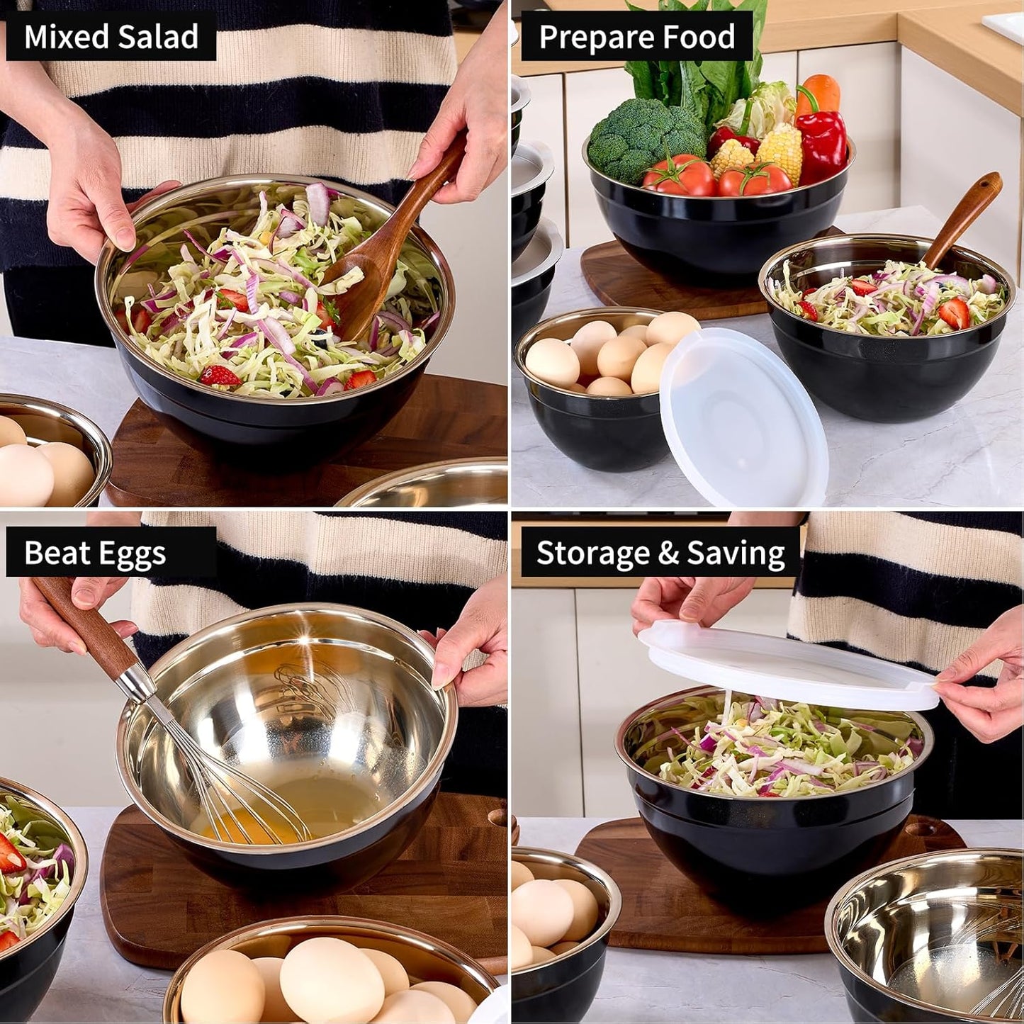 Black Mixing Bowls with Lids Set of 7, Stainless Steel Nesting Bowl with Khaki Lid for Non-slip Mixing Prepping Storing Serving, 7 Sizes-7/3.6/2.7/2.1/1.5/1/0.8 QT
