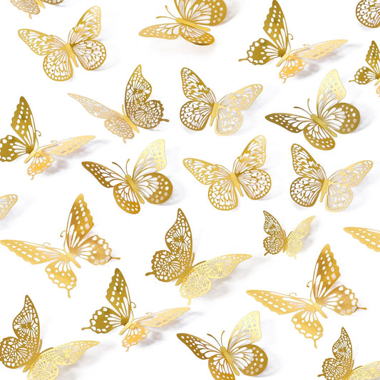SAOROPEB 3D Butterfly Wall Decor - 48 Pcs, 4 Styles, 3 Sizes, Gold Butterfly Decorations for Birthday & Party Celebrations, Removable Stickers