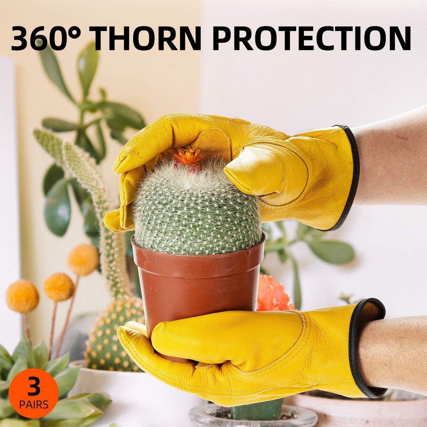 Vgo 3-Pairs Unlined Cow Grain Leather Work and Driver Gloves with Cow Split Leather Palm Patch (Size XL, Gold,CA9590)