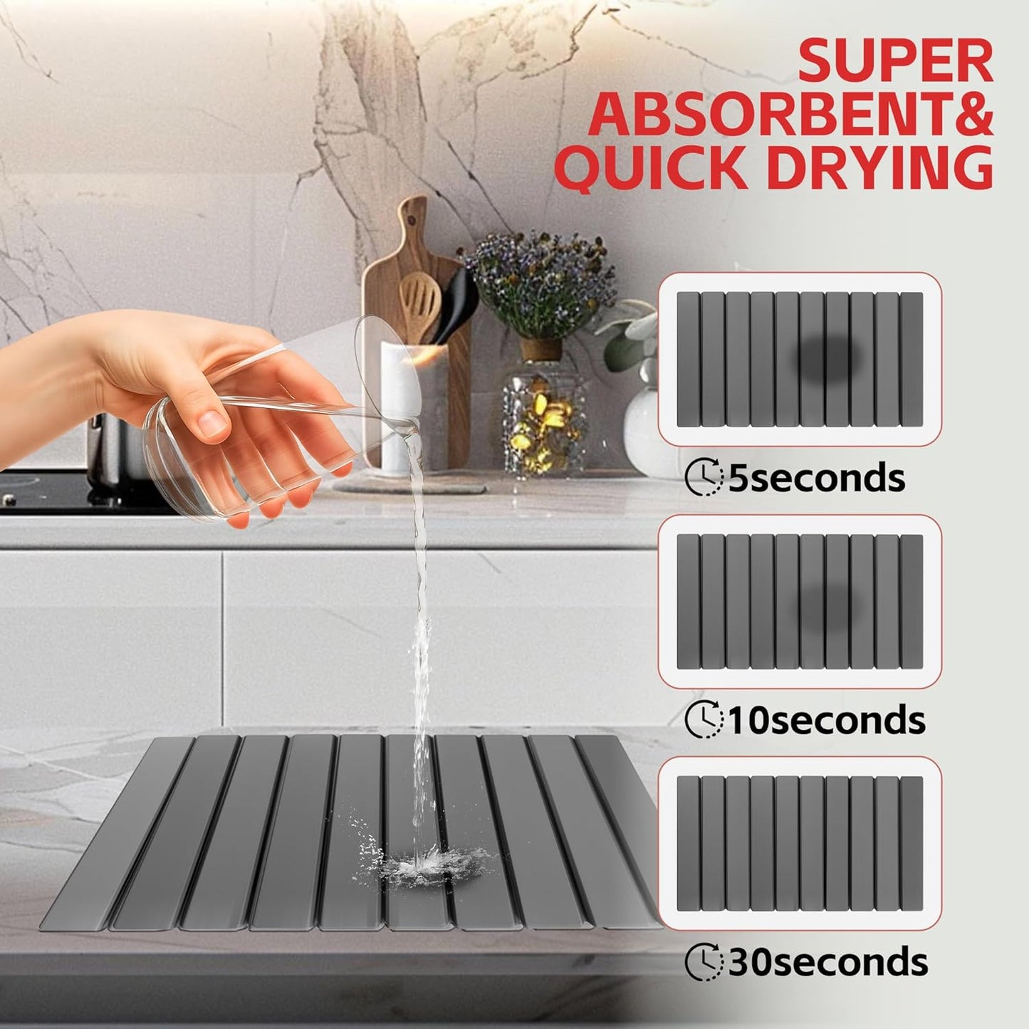 Stone Drying Mat For Kitchen Counter 24"x16" Foldable Super Absorbent Non-Slip Diatomaceous Earth Quick Dry Mat Matches Any Countertop