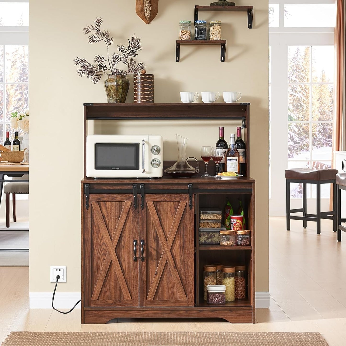 Wnutrees Farmhouse Coffee Bar Cabinet with Charging Station and USB Ports, Sliding Barn Door, 39" Kitchen Hutch Sideboard Buffet Storage Cabinet, Fits Kitchen Dining Living Room, Brown