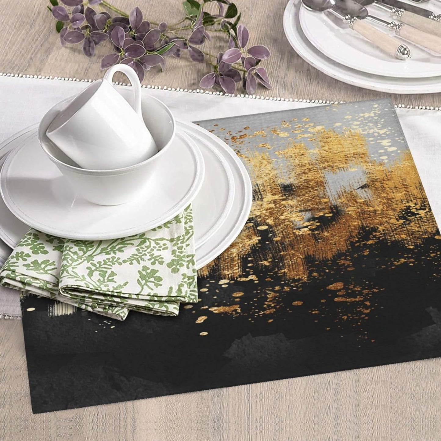 Black Gold Art Splash Dish Drying Mat for Kitchen Counter, Absorbent Microfiber Abstract Modern Drying Pad, 16 x 18 inch, Luxury Decorative Foldable Kitchen Mat for Sink & Coffee Bar, Black Home Decor