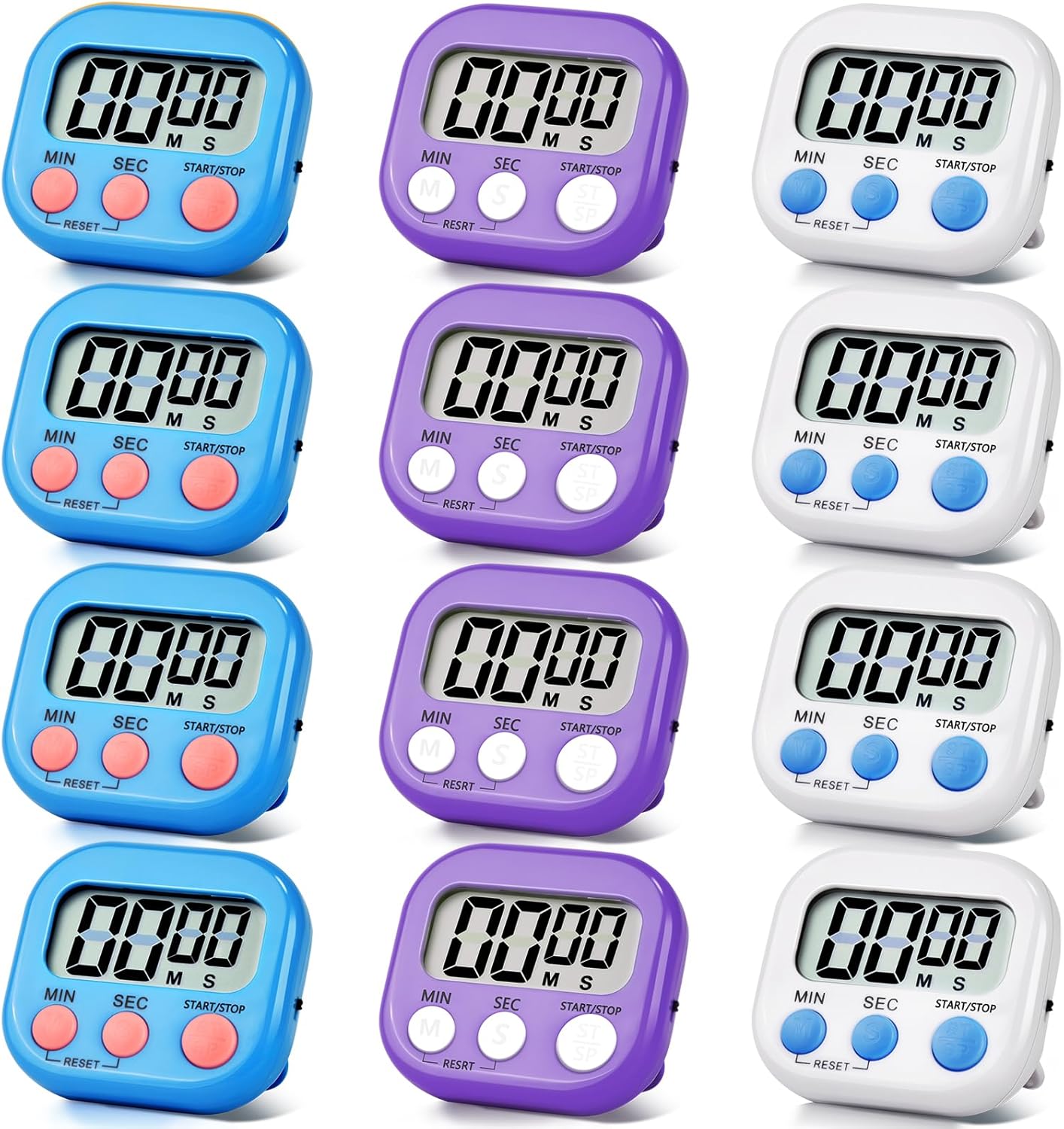 12 Pack Digital Kitchen Timer Magnetic Digital Timer with Big Display Loud Ring Cooking Timers for Kitchen Electronic Timer for Cooking, Bathing, Gym, Break Time, Classroom(12,White,Blue,Purple)