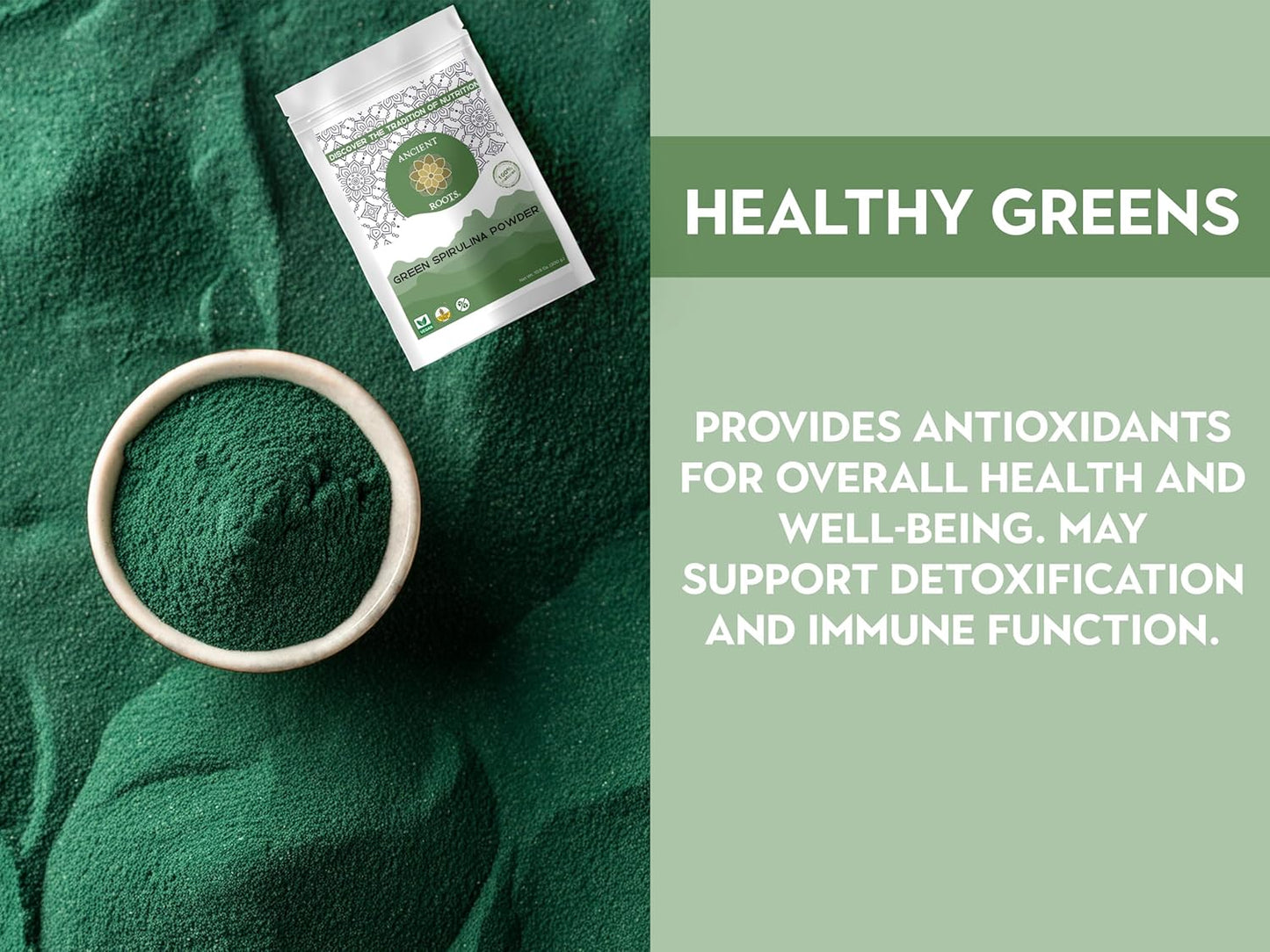 Ancient Roots Green Spirulina Powder - Freeze-Dried, All-Natural, No Sugar Added, Mix with Smoothies, Natural Food Coloring, Resealable Pouch - 10.5 Ounces (75 Servings)